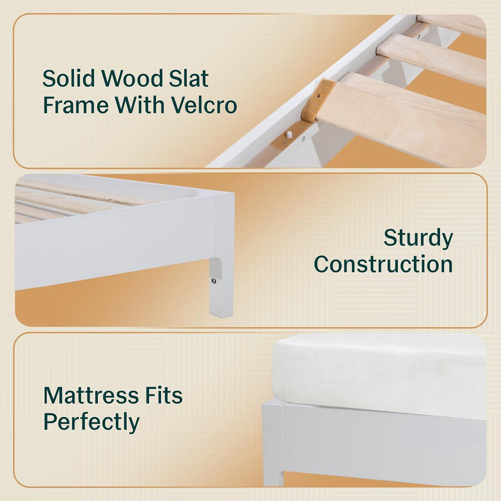 Madia Bed Frame, Mid Century Queen Bed Frame and Headboard with Unique & Trendy Fluted Pattern, 800Lbs Capacity Platform Bed Frame, Solid Acacia Wood Slat Support, Easy Assembly White Bed Frame