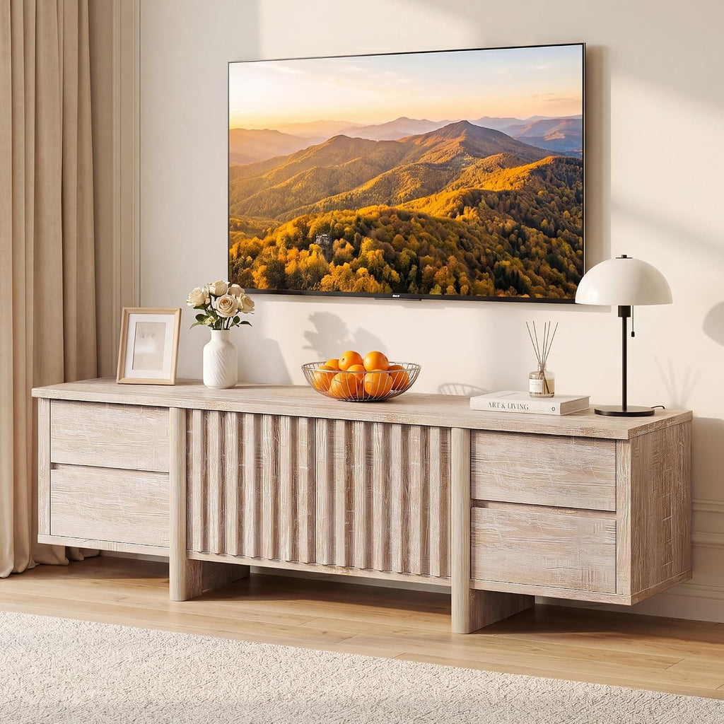 Walnut mid century media console with drawers