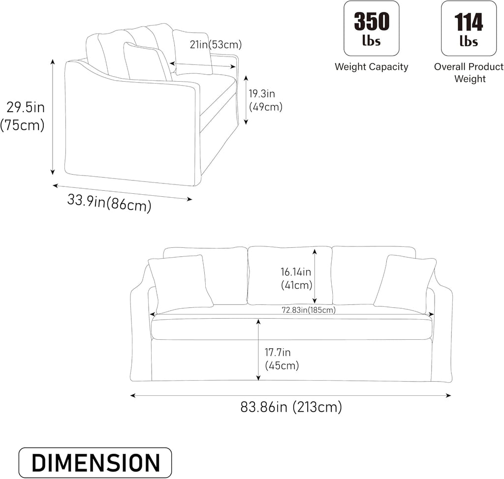 84" Modular Sofa Couch, Modern 3-Seater Chenille Fabric Loveseat Sofa with Removable Upholstery Cover, Small Couches for Living Room, Office, Apartment, Gray