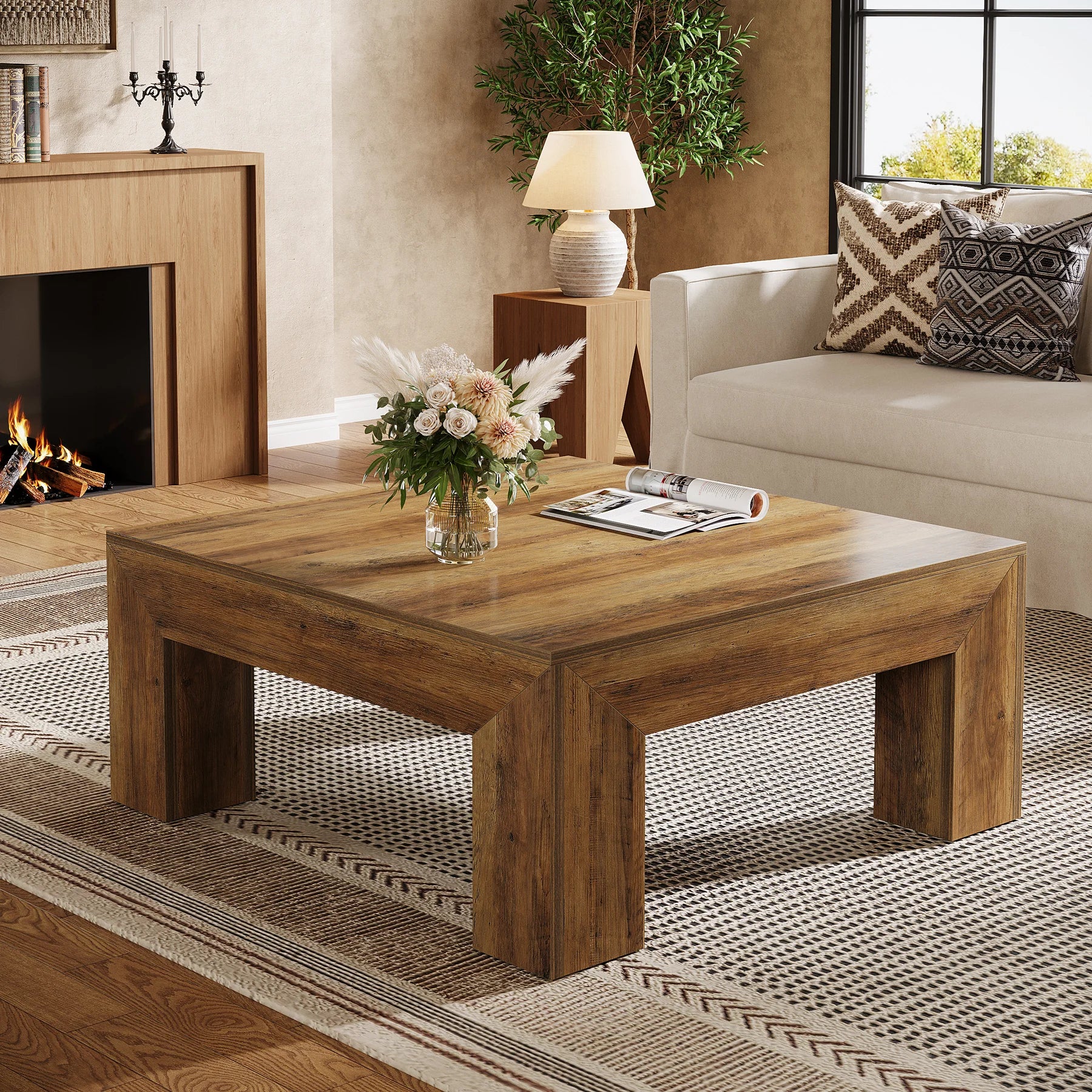 39.4-Inch Square Coffee Table for Living Room, Farmhouse All MDF Accent Center Cocktail Table with Sturdy Wooden Legs