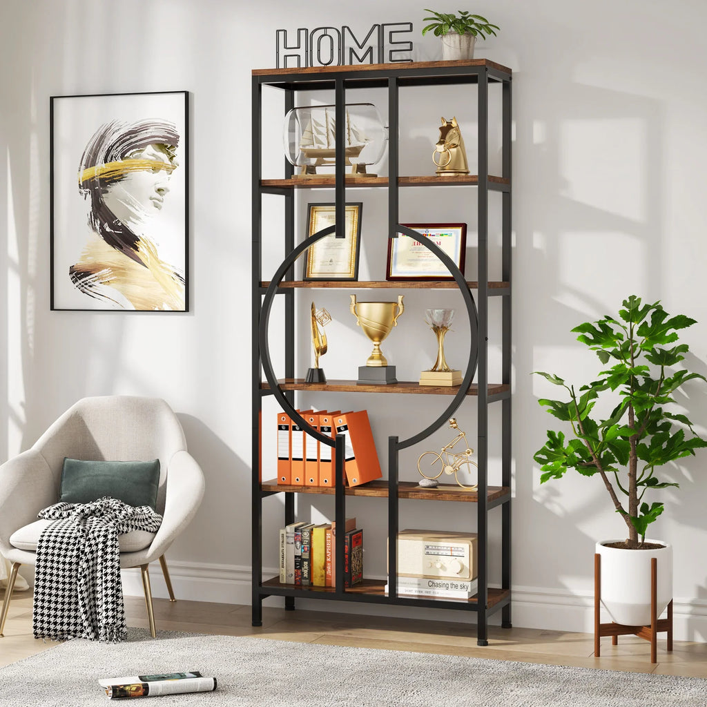 Industrial Bookshelf, Tall Bookcase with Open Shelves, Wood and Metal Display Shelf Storage Shelves