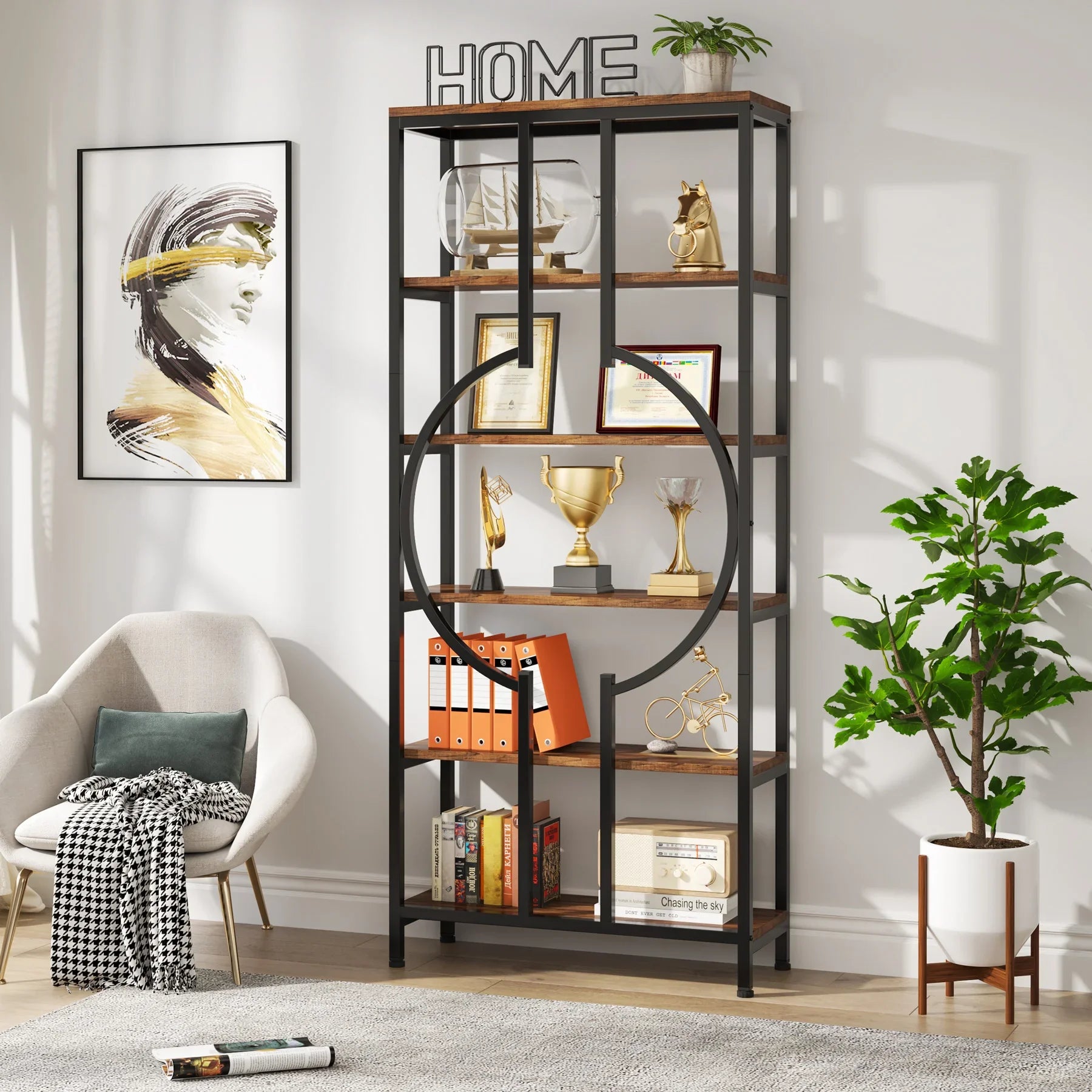 Industrial Bookshelf, Tall Bookcase with Open Shelves, Wood and Metal Display Shelf Storage Shelves