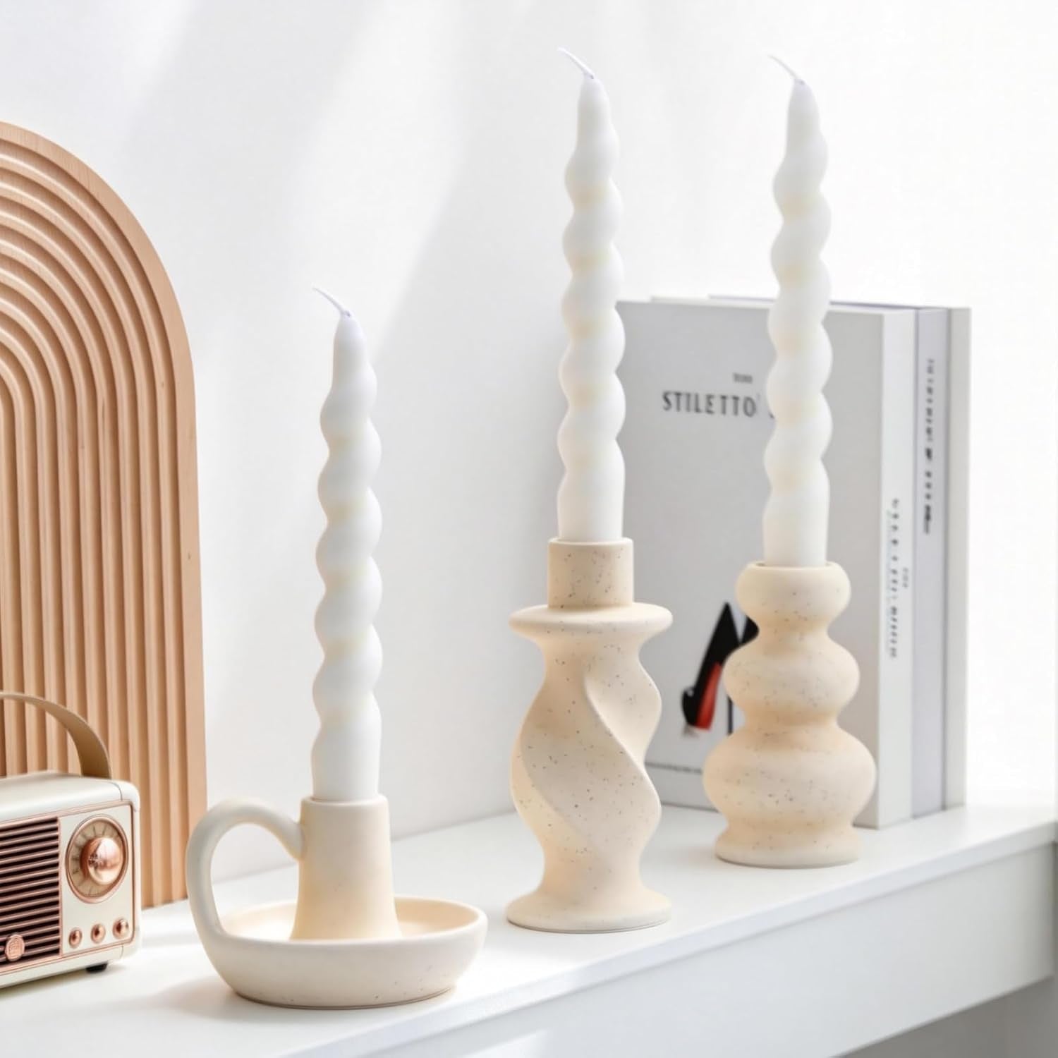 Ceramic Taper Candle Holders, Nordic Candlestick Holder Set of 3 | Cream White Modern Decorative Candle Stand for Home Decor, Dining Table Centerpiece, Housewarming Gift