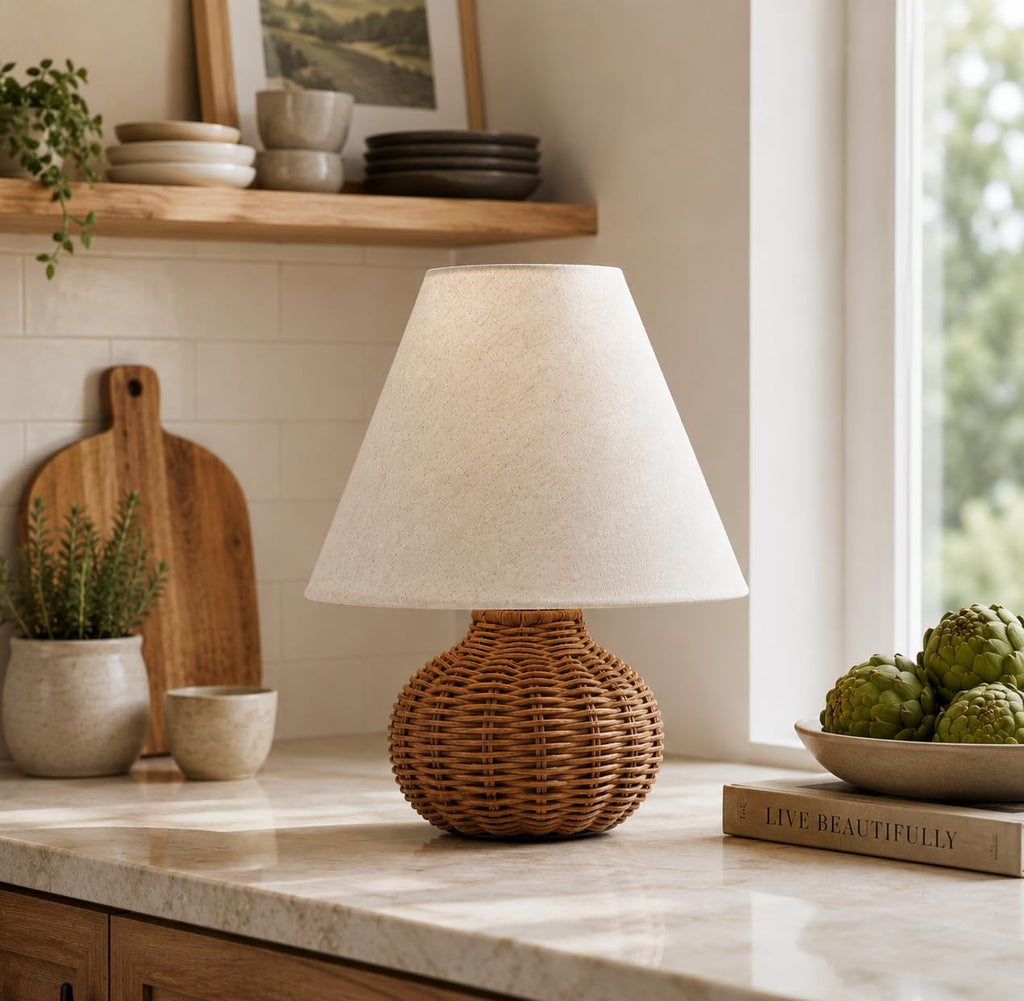 11" Small Mini Wicker Table Lamp, Dimmable Rattan Bamboo Lamp with Off-White Fabric Shade, Boho Accent Light for Nightstand, Nursery, Small Spaces, Kitchen Counter, Bookshelf