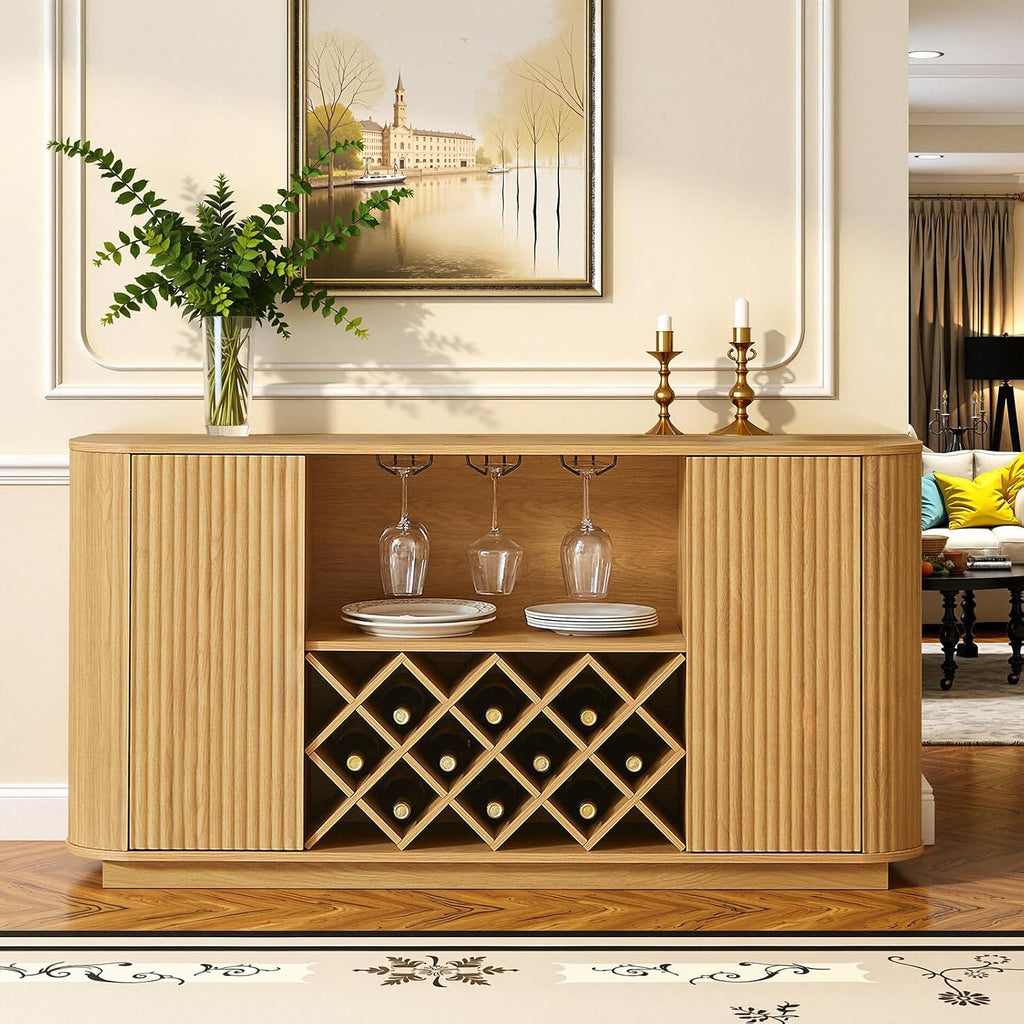 Fluted Wine Bar Cabinet with Storage, 58" Buffet Sideboard Cabinet Sideboard with Wine Rack & Glass Holder, Farmhouse Wine and Coffee Bar Cabinet for Living Room, Kitchen, Natural Color