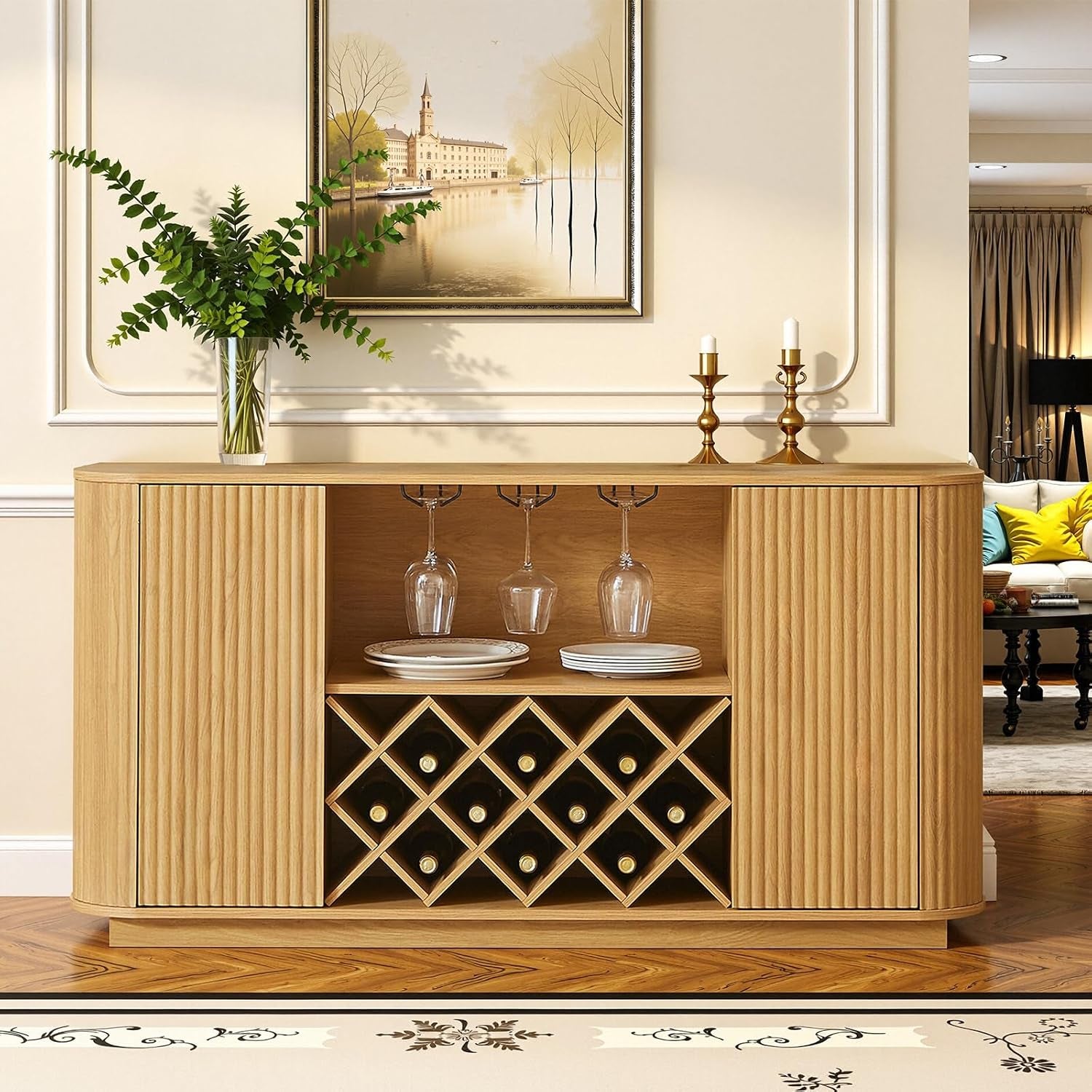 Fluted Wine Bar Cabinet with Storage, 58" Buffet Sideboard Cabinet Sideboard with Wine Rack & Glass Holder, Farmhouse Wine and Coffee Bar Cabinet for Living Room, Kitchen, Natural Color