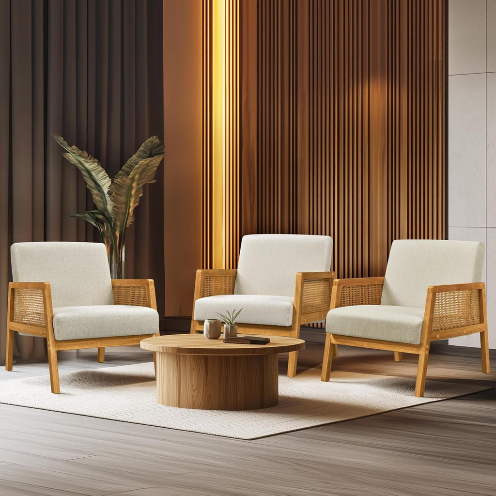 Yaheetech Rattan Accent Chair, Boho Vintage Armchair, Beige | Boucle Fabric Chair, Upholstered Reading Chair with Wood Armrest and Legs for Living Room Bedroom Reception Waiting Room