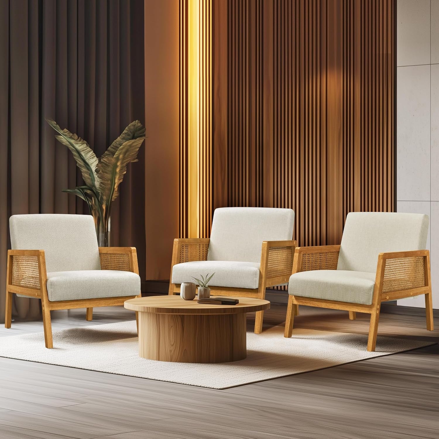 Yaheetech Rattan Accent Chair, Boho Vintage Armchair, Beige | Boucle Fabric Chair, Upholstered Reading Chair with Wood Armrest and Legs for Living Room Bedroom Reception Waiting Room