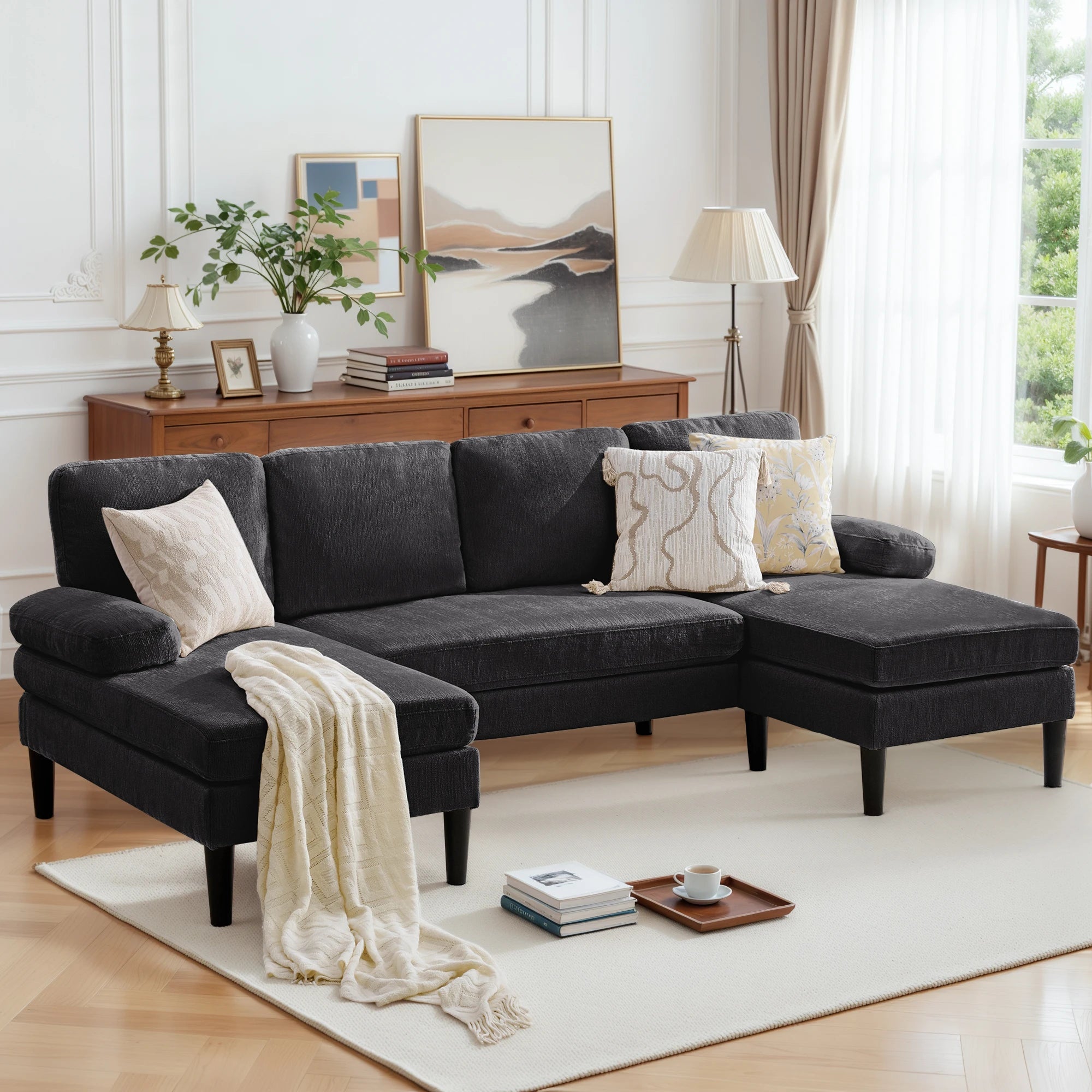 U-Shaped Sectional Sofa 4 Seater Lounge Sleeper with Removable Cushions Upholstered Couches for Living Room