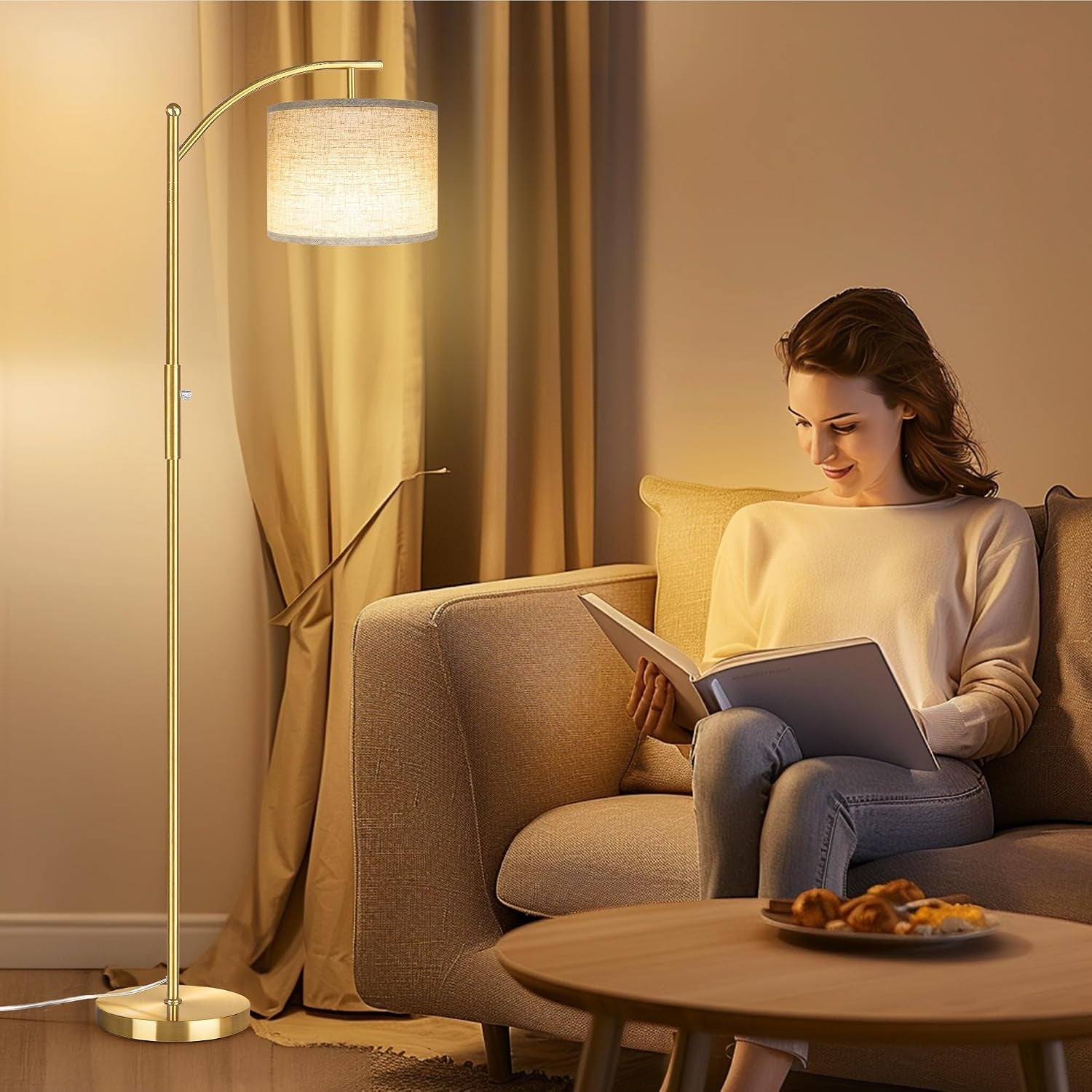 Dimmable Floor Lamp, Arc Floor Lamps for Living Room, Stepless Dimming Modern Standing Lamp with Linen Shade, Tall Lamp for Bedroom Office Dining Room- Brushed Gold
