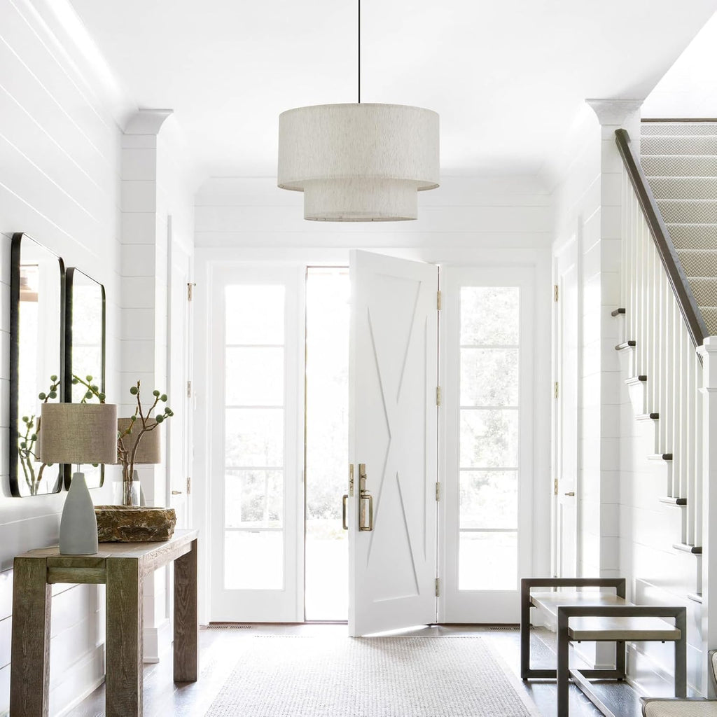 Drum Fabric Pendant Light Farmhouse White Chandelier Double Drum Shade Hanging Ceiling Light Fixture 3 Lights Linen for Bedroom Dining Room Living Room Entryway