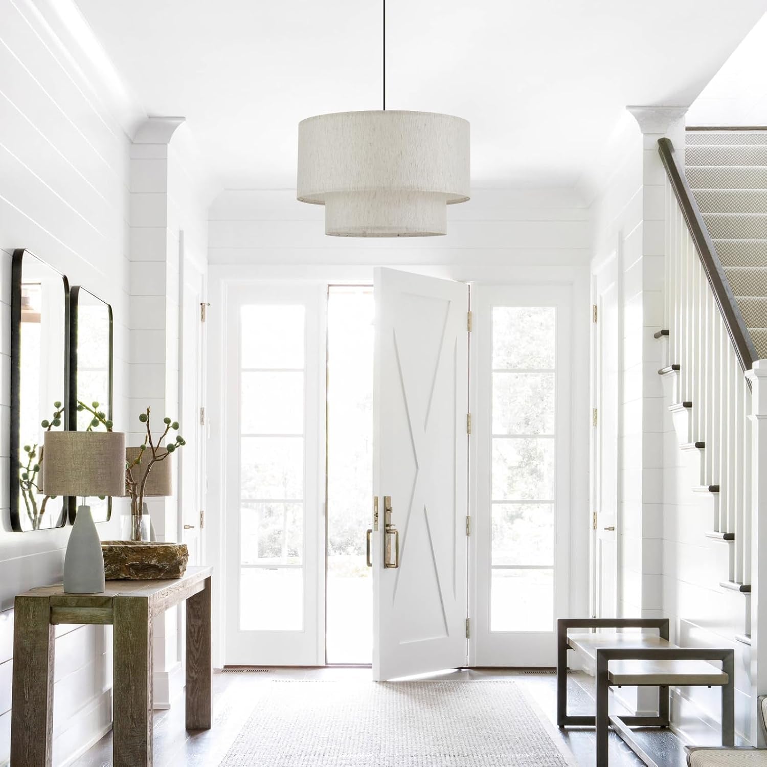 Drum Fabric Pendant Light Farmhouse White Chandelier Double Drum Shade Hanging Ceiling Light Fixture 3 Lights Linen for Bedroom Dining Room Living Room Entryway