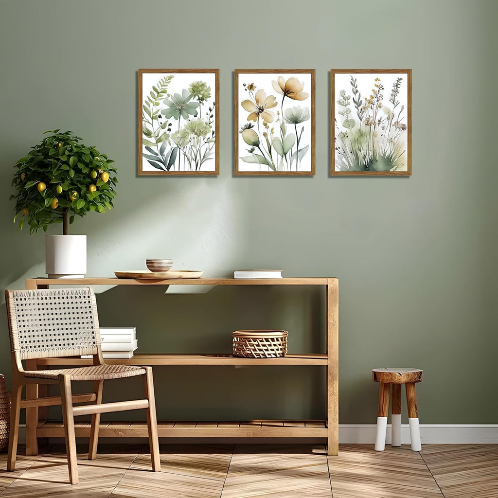 Wood Framed Sage Green Botanical Wall Art Set of 3, Boho Floral Canvas Wall Decor Paintings, Minimalist Flower Posters Prints Pictures for Bedroom Bathroom Living Room Home Decor 16X24 Inch