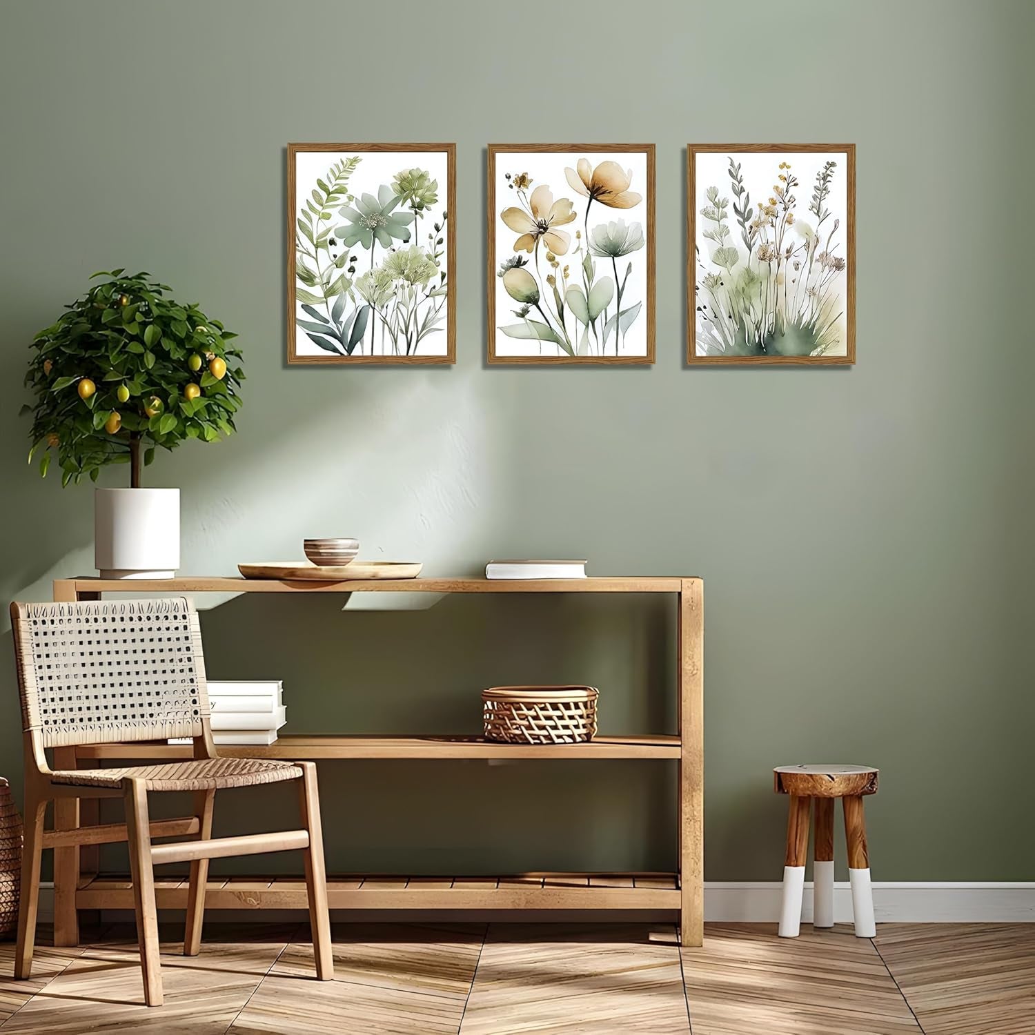 Wood Framed Sage Green Botanical Wall Art Set of 3, Boho Floral Canvas Wall Decor Paintings, Minimalist Flower Posters Prints Pictures for Bedroom Bathroom Living Room Home Decor 16X24 Inch
