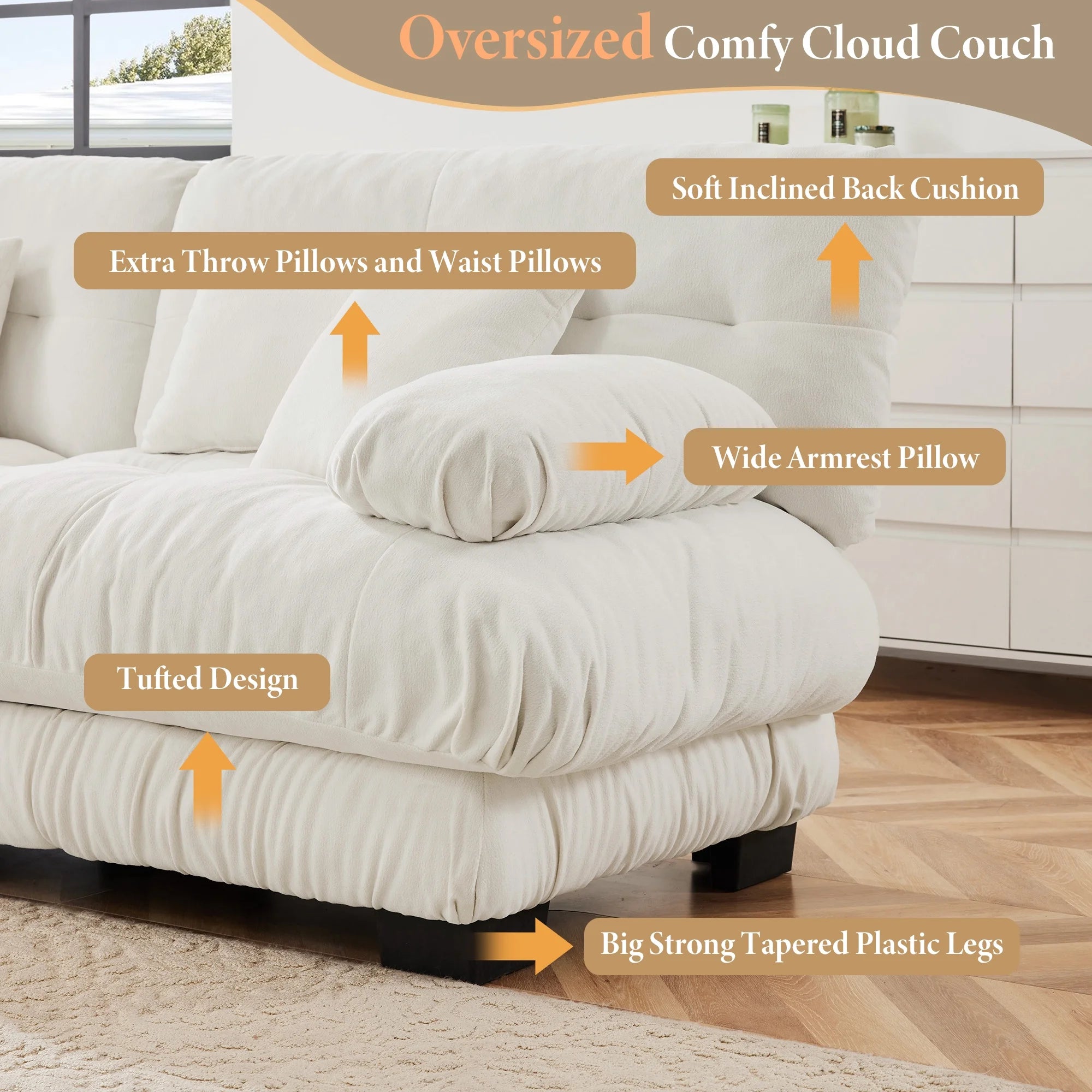 133.8" Modular Sectional Sofa, Oversized Modern 3 Seater Sofa Set, Tufted Cloud Couches for Living Room (Chenille White, 3 Seater)