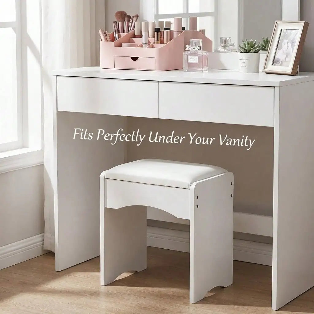 Modern Upholstered Vanity Stool with Storage, Soft Padded Seat Makeup Chair, White & Grey Accent Stool for Bedroombathroom