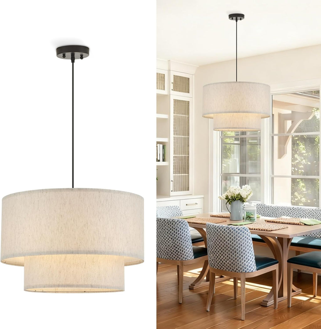 Drum Fabric Pendant Light Farmhouse White Chandelier Double Drum Shade Hanging Ceiling Light Fixture 3 Lights Linen for Bedroom Dining Room Living Room Entryway