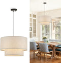 Drum Fabric Pendant Light Farmhouse White Chandelier Double Drum Shade Hanging Ceiling Light Fixture 3 Lights Linen for Bedroom Dining Room Living Room Entryway
