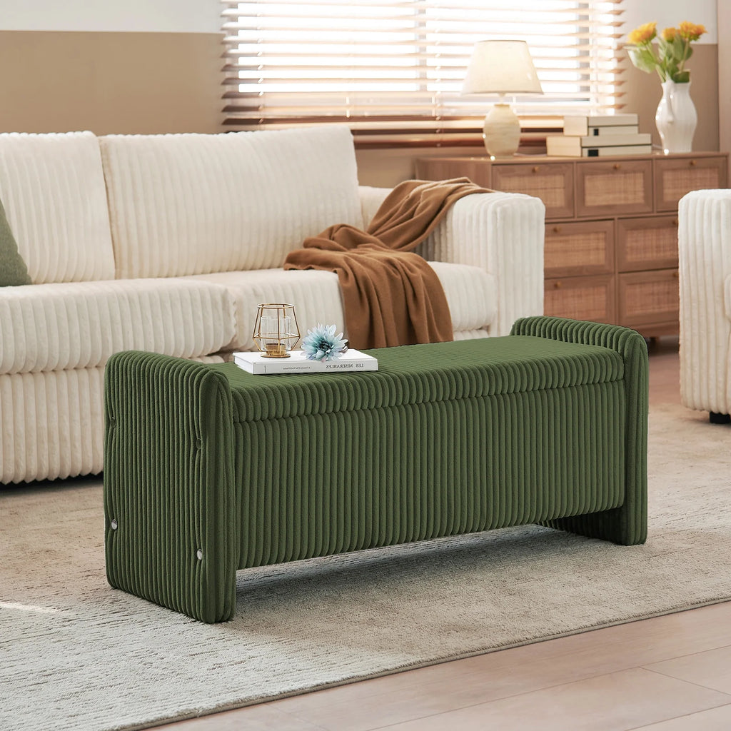 44" Upholstered Storage Bench, Wood Frame Entryway Bench with Storage for Bedroom & Living Room, Corduroy Olive Green