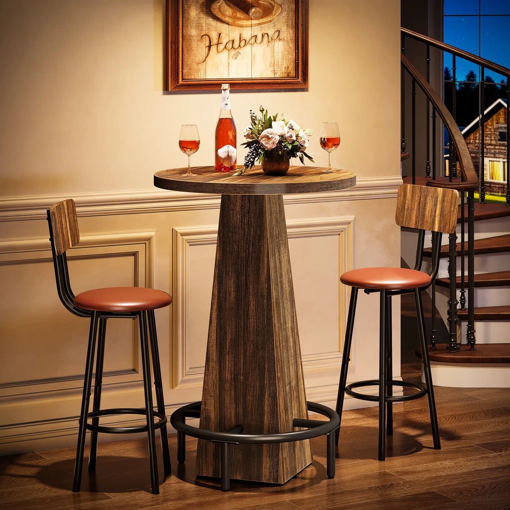 round Bar Table, 37.4" High Pub Table with Metal Footrest, Drink Bar Station for Small Bars, Dining Room, Kitchen, Brown (Only Table)