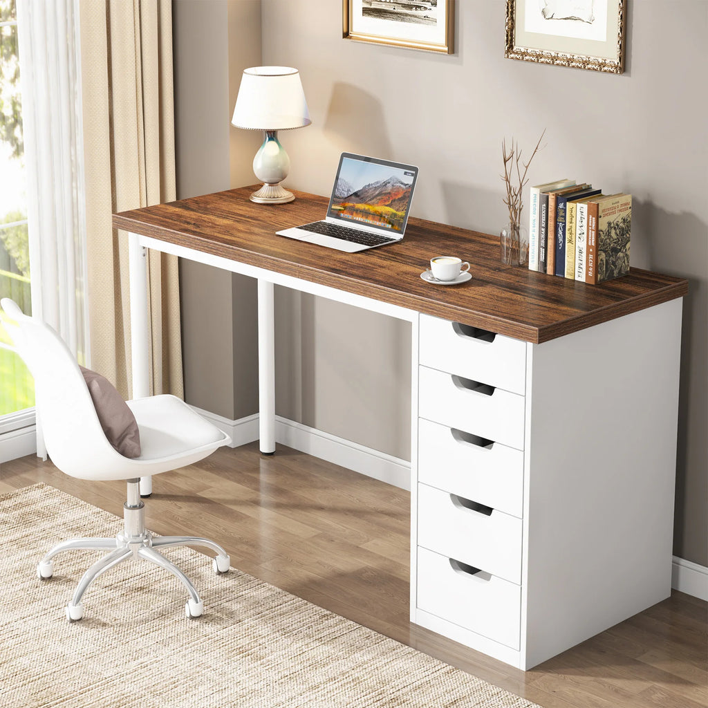 Computer Desk with 5 Drawers, 47 Inches Rustic Brown Home Office Desk with Storage, Modern Simple Laptop Desk Study W