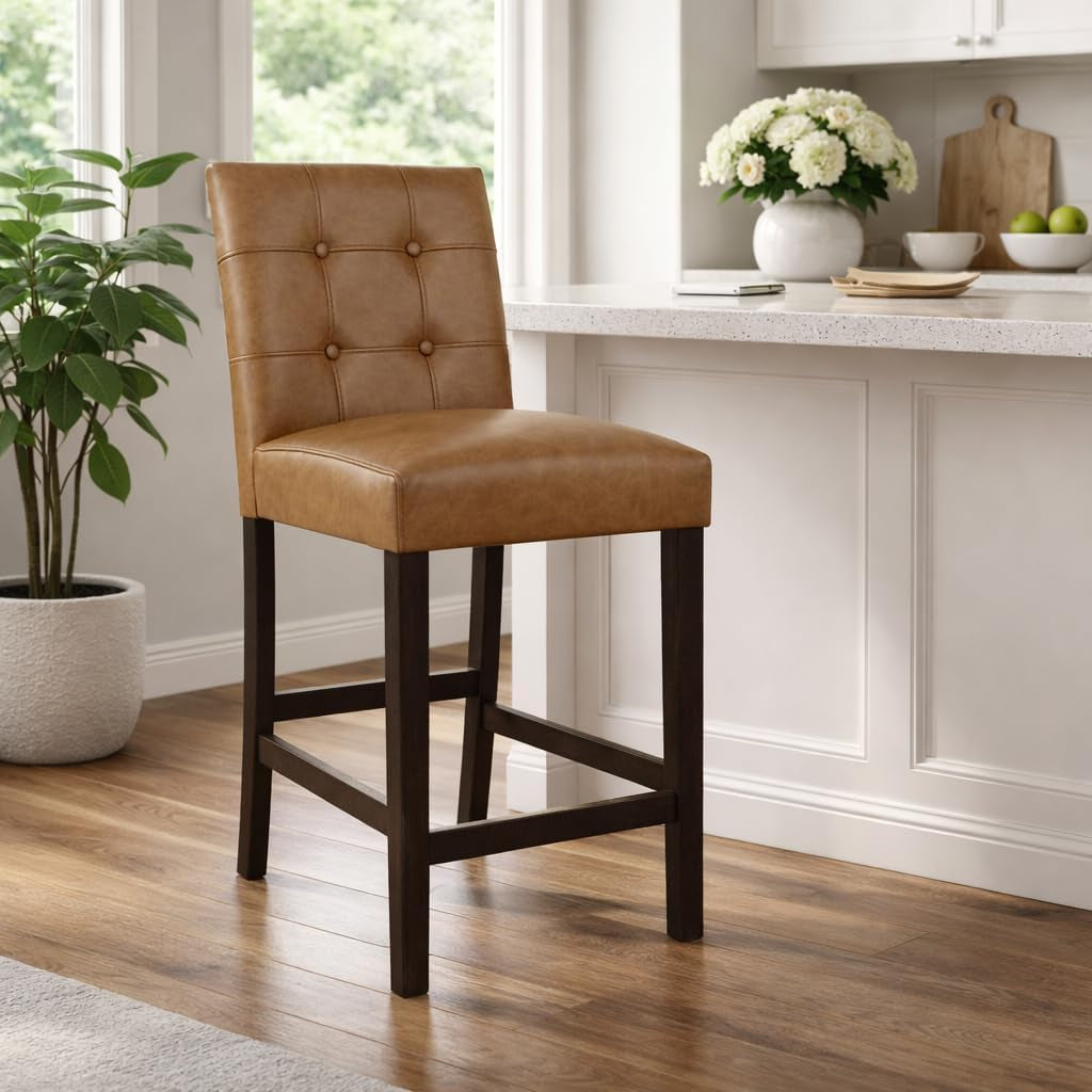 Button Tufted Counter Stool, 24-Inch, Carmel Faux Leather (Set of 2)