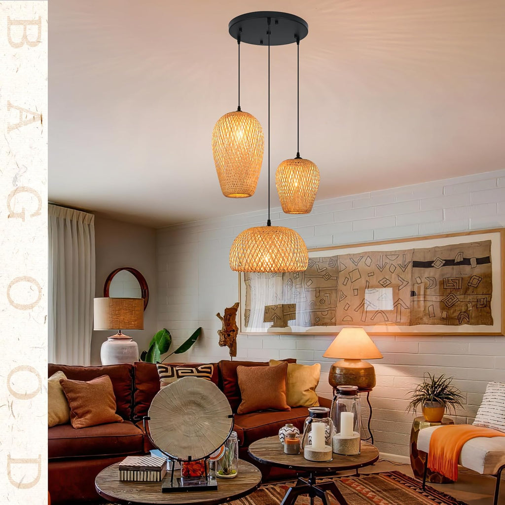 3-Light Rattan Pendant Light Rattan Chandelier Light Fixture Boho Chandelier Light Fixture Hand-Woven Bamboo Chandeliers 3-Light Bamboo Pendant Light for Living Room Dining Room (Bulb Incl.)