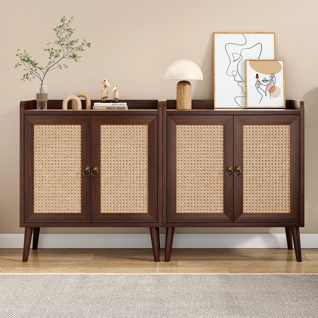 Sideboard Buffet Cabinet with Storage, Mid Century Modern Bar Liquor Cabinet with Rattan Doors for Dining Room