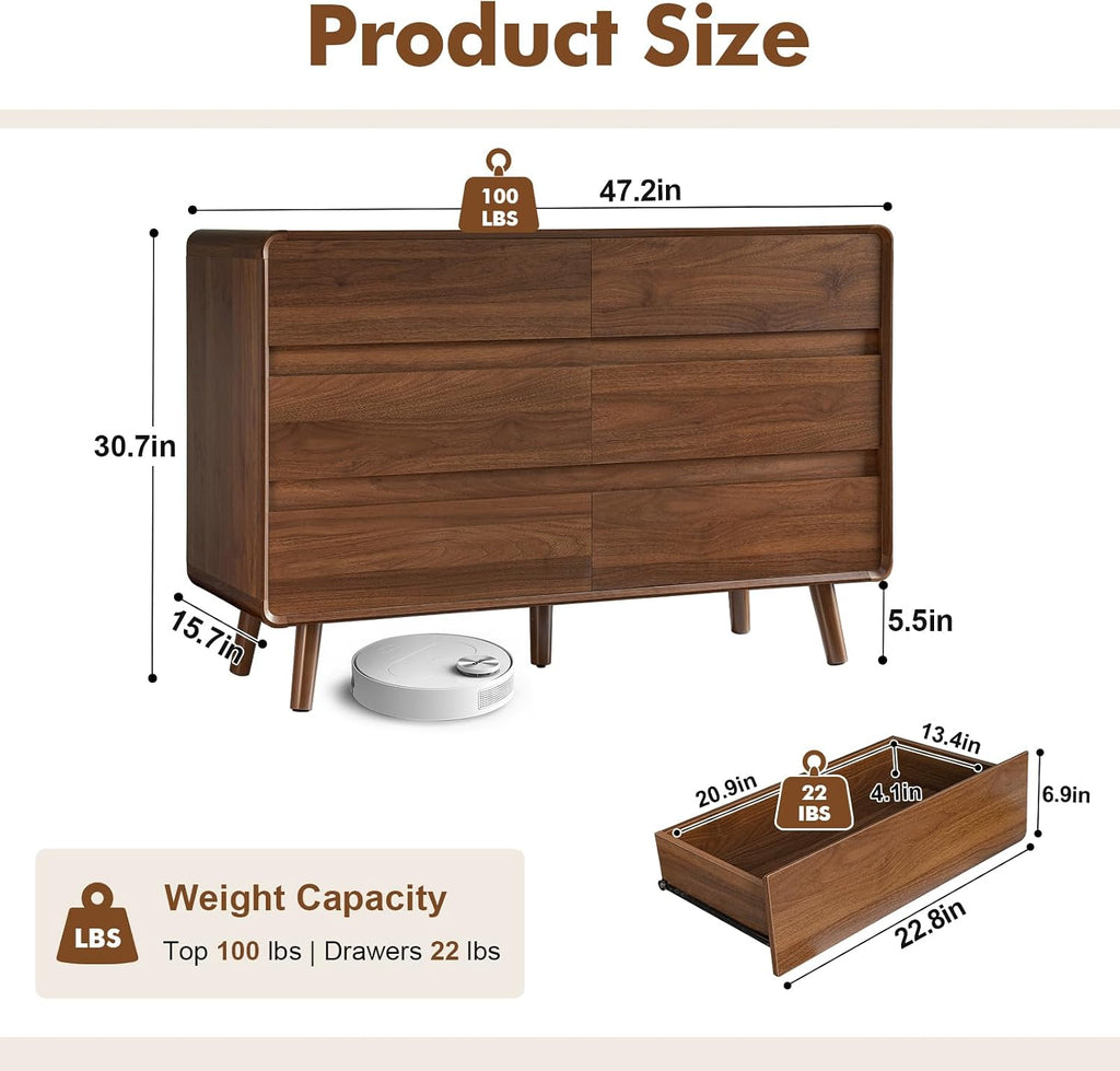 Mid Century Modern Dresser for Bedroom, 47'' Wide Dressers & Chests of Drawers with 6 Storage Drawers, Wood TV Stand Dresser for Closet, Walnut