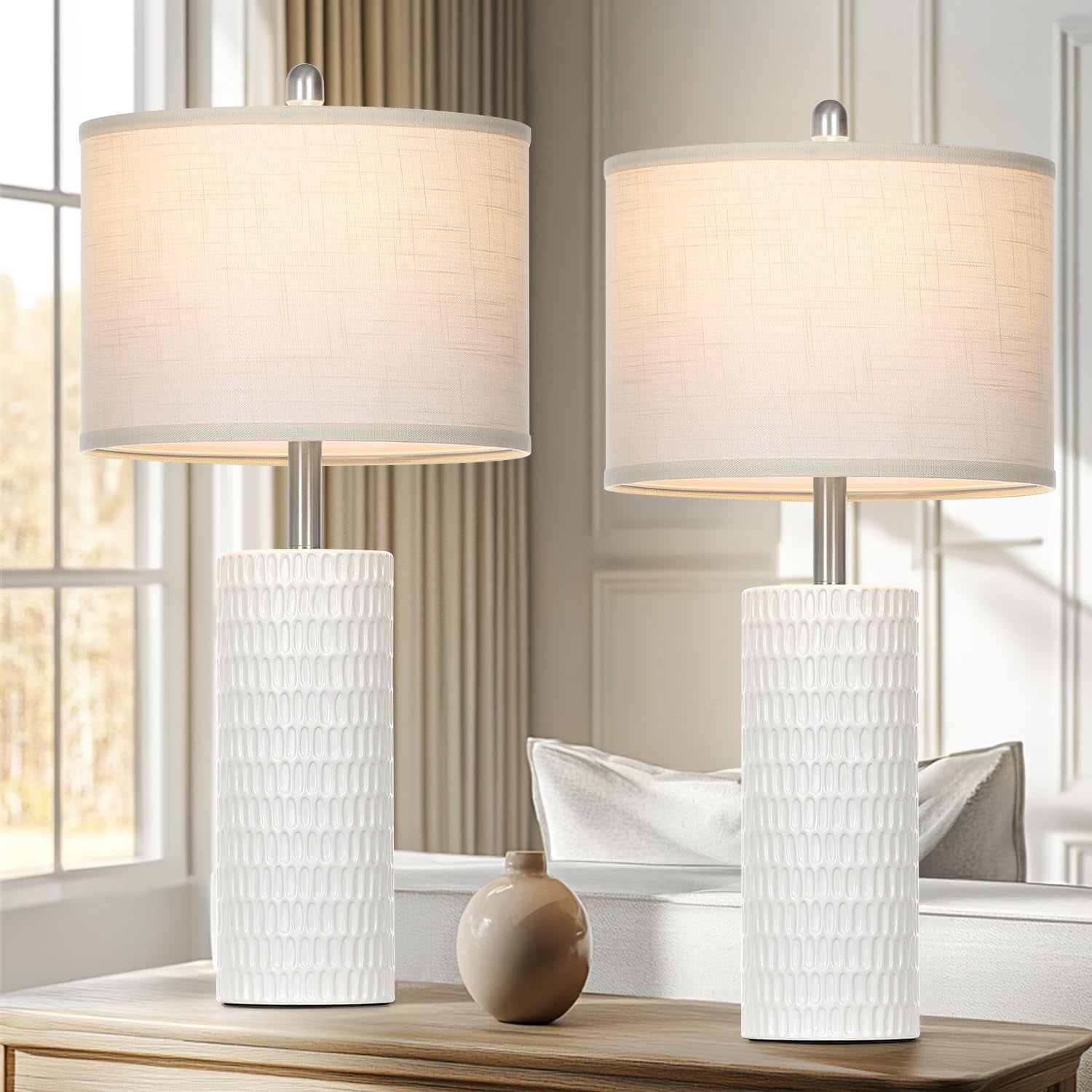 27" Ceramic Table Lamp, Farmhouse Table Lamp for Living Room, White Lamp for Bedroom, Night Stand, Modern Bedside Lamp Set of 2, End Table Lamps, White(2 Bulbs Included)