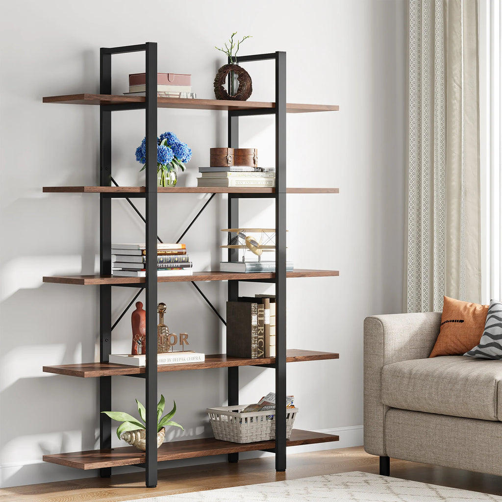 5-Tier Bookshelf, Vintage Industrial Style Bookcase 72 H X 12 W X 47L Inches