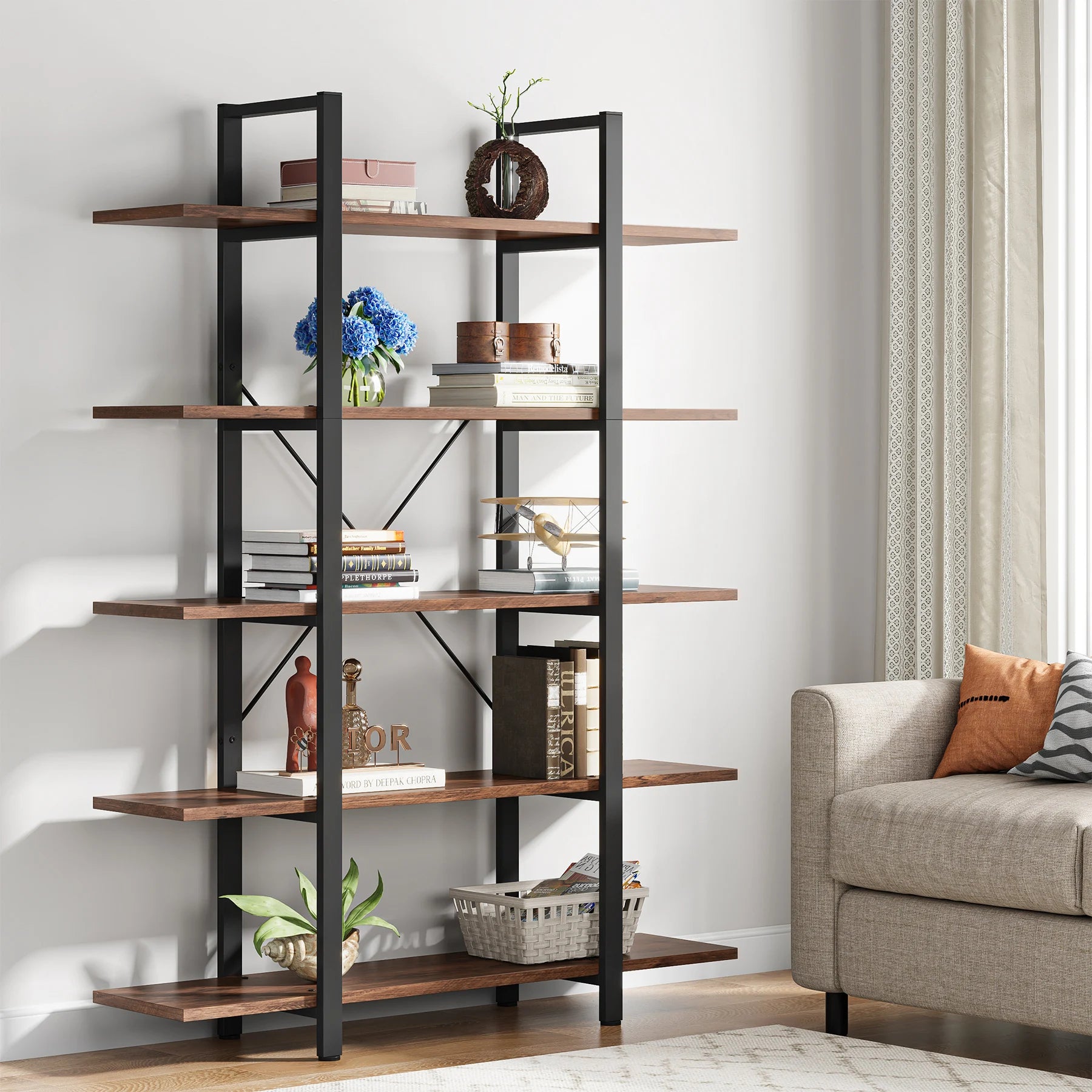 5-Tier Bookshelf, Vintage Industrial Style Bookcase 72 H X 12 W X 47L Inches