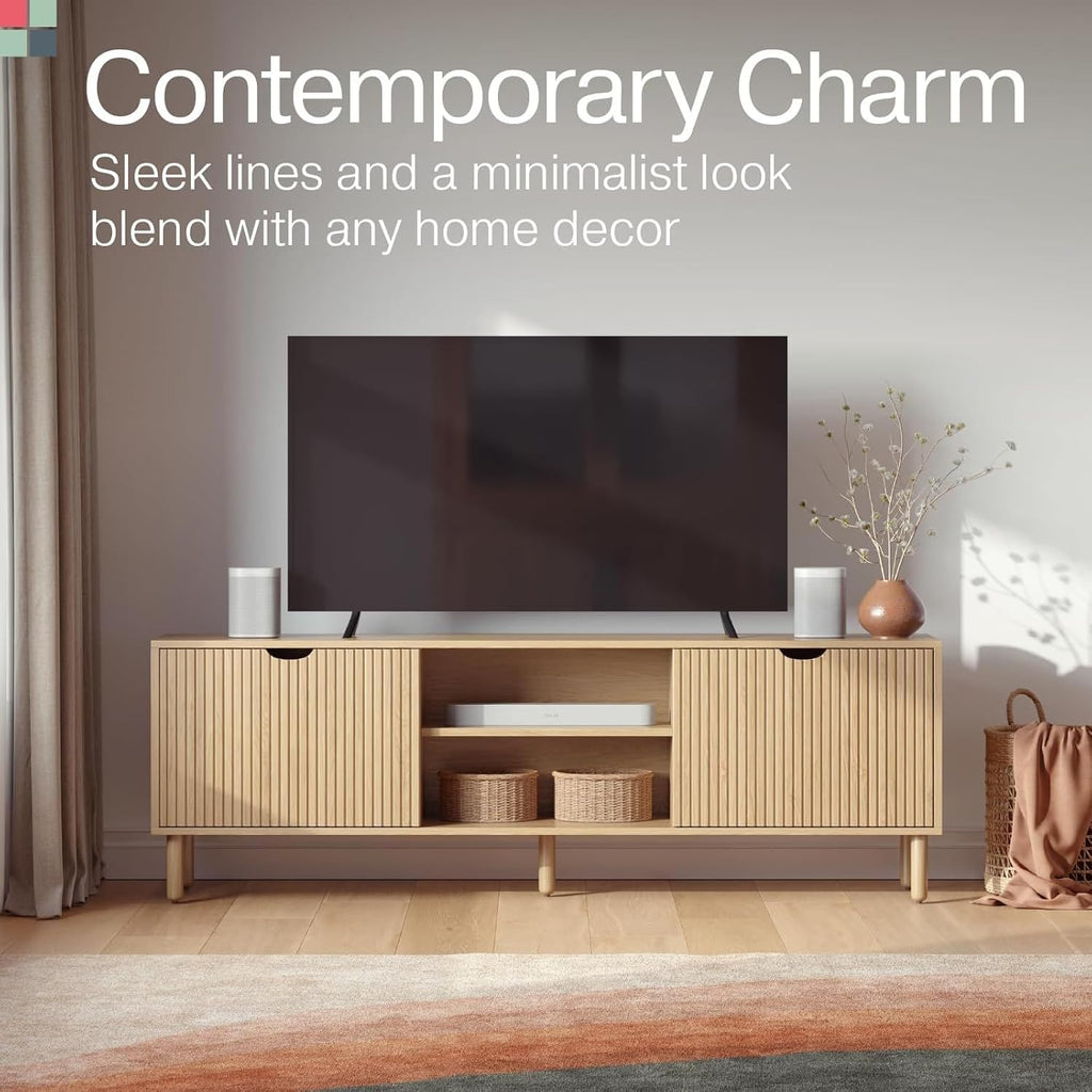 Contemporary Fluted TV Stand, 70 Inches TV Media Console, Supports 32 to 80" Tvs, Media Console Cabinet for Living Room and Bedrooms, Soft-Close Cabinet Doors (Light Oak)