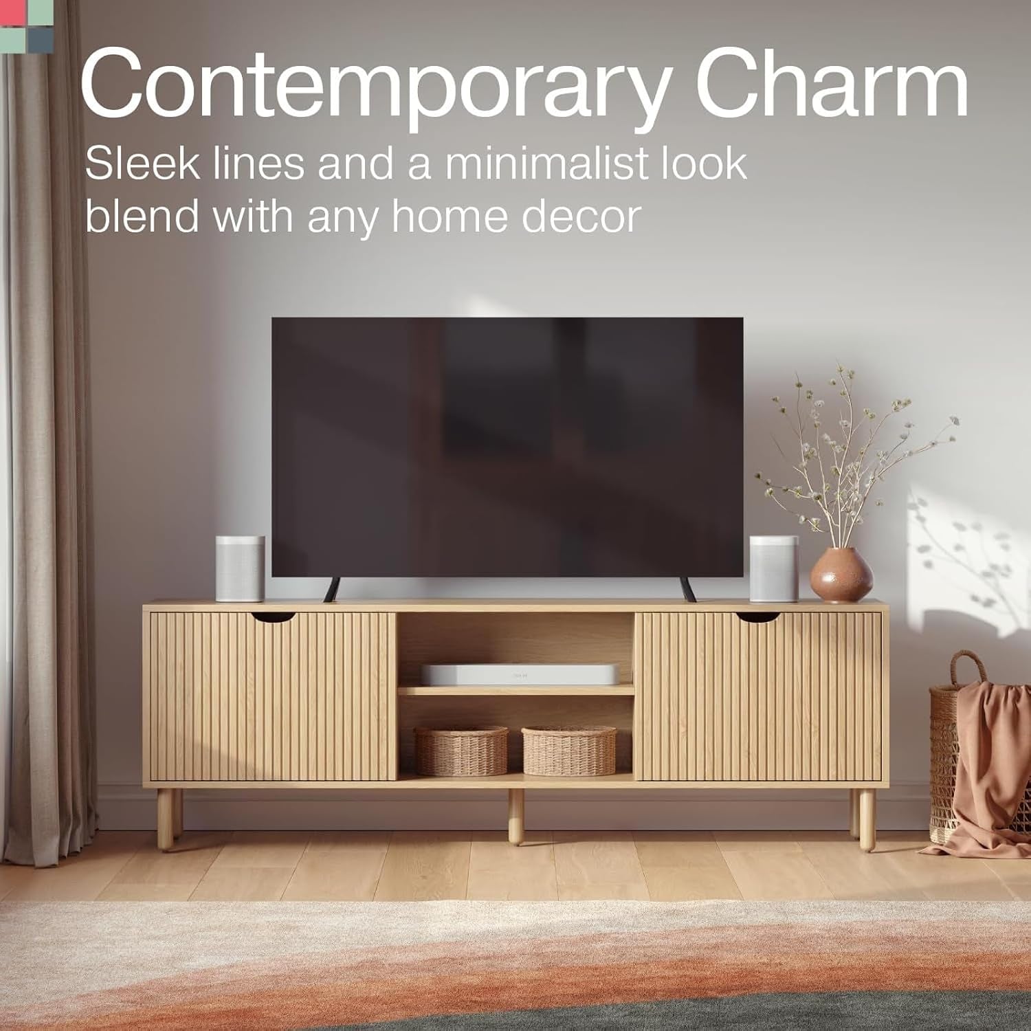 Contemporary Fluted TV Stand, 70 Inches TV Media Console, Supports 32 to 80" Tvs, Media Console Cabinet for Living Room and Bedrooms, Soft-Close Cabinet Doors (Light Oak)