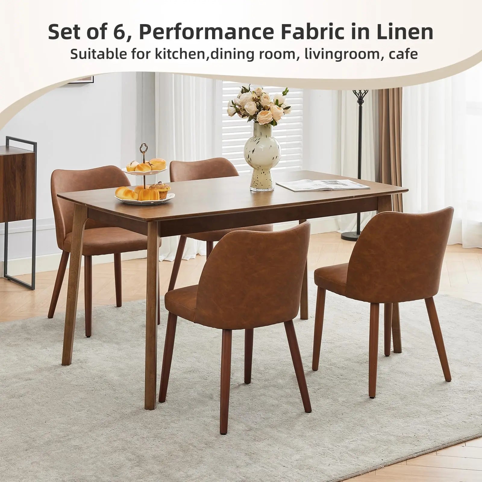 Modern Dining Chairs Set of 2, Comfortable Linen Upholstered Accent Chair with Ergonomic Backrest & Rubberwood Legs, Comfy Kitchen Furniture for Living Room Apartments