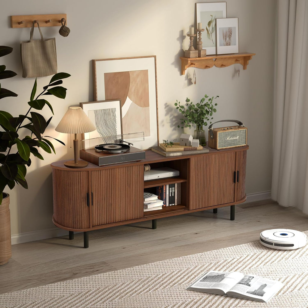 62" Tambour Door TV Stand,Wood Mid Century Modern TV Cabinet for up to 70“ Tv,Curved Edge Long TV Stand with Storage for Bedroom Living Room(Walnut, 62.2Inch)