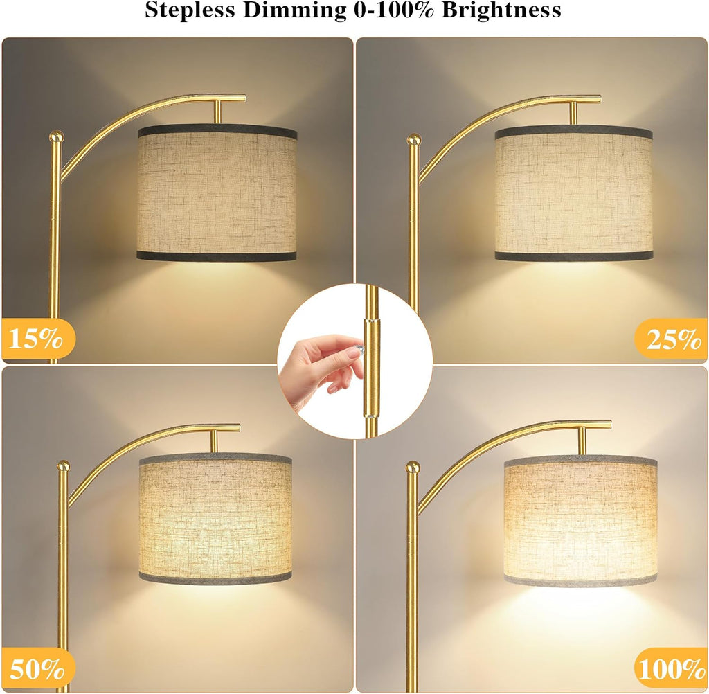 Dimmable Floor Lamp, Arc Floor Lamps for Living Room, Stepless Dimming Modern Standing Lamp with Linen Shade, Tall Lamp for Bedroom Office Dining Room- Brushed Gold