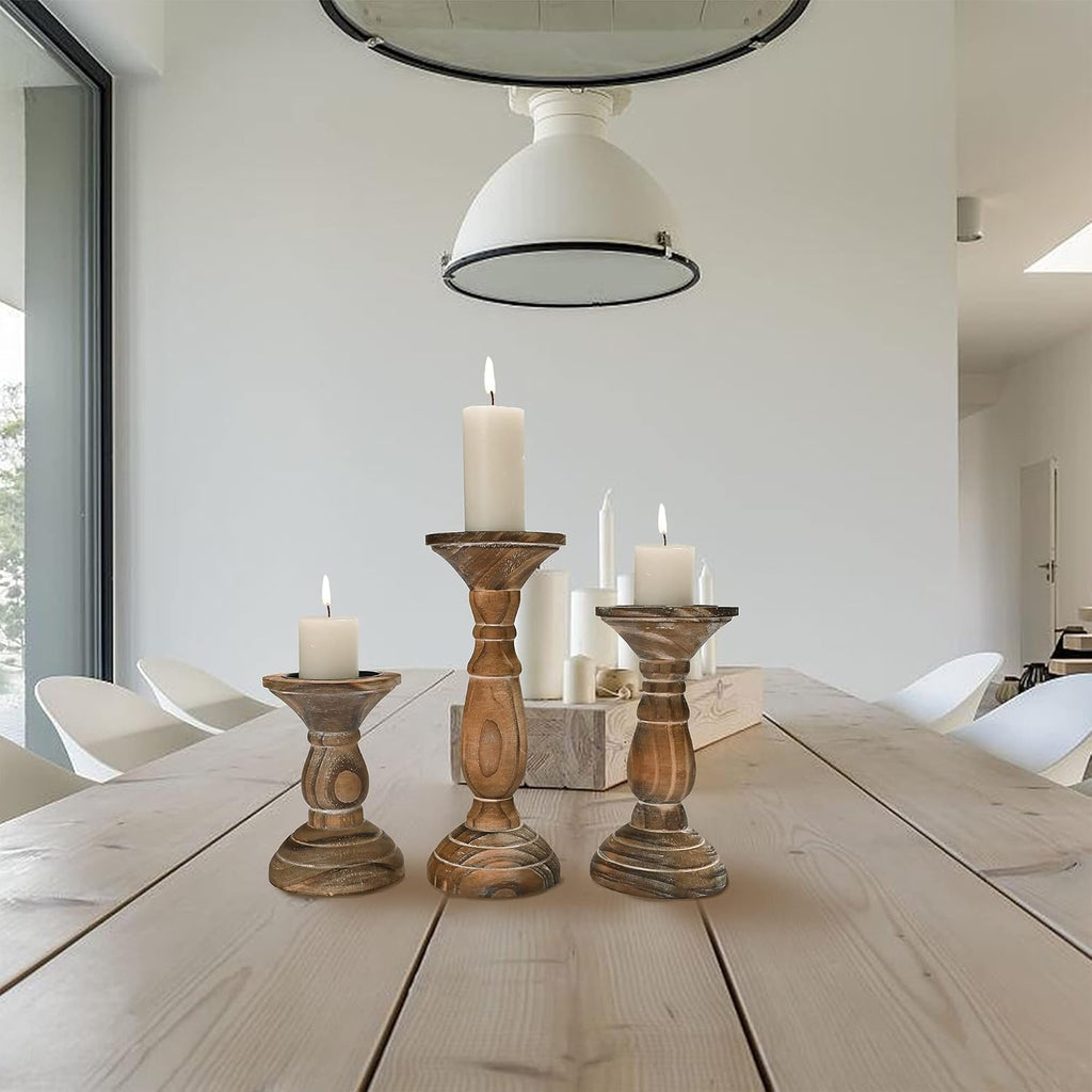 Pillar Candle Holder Set of 3, Brown Farmhouse Decor Living Room | Tall Candle Holders for Pillar Candles, Wood Candle Holders for Table Centerpieces Home Decor Kitchen Dining Room Table Decor