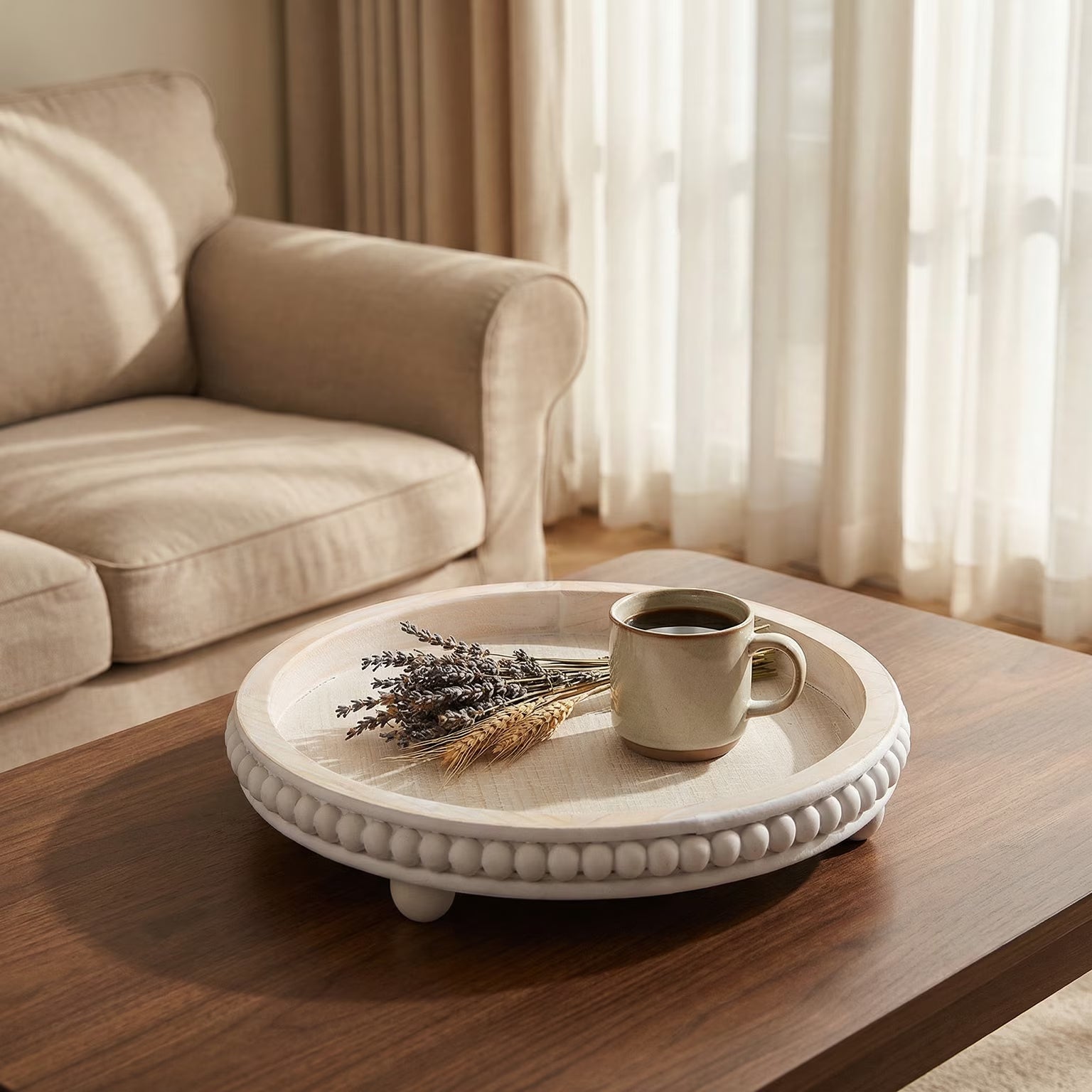 FZBCTLDZ 12" round Decorative Tray for Coffee Table, White Distressed Farmhouse Wood Tray with Beaded Rim, Rustic Home Decor Centerpiece Tray