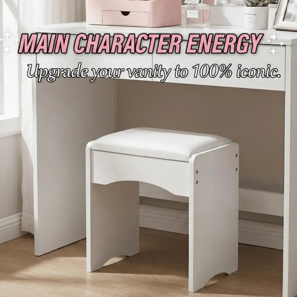 Modern Upholstered Vanity Stool with Storage, Soft Padded Seat Makeup Chair, White & Grey Accent Stool for Bedroombathroom