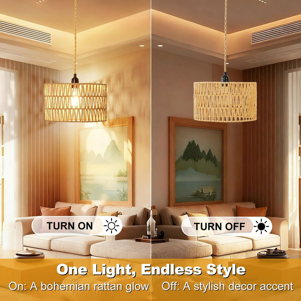 Wicker Pendant Light Plug In, Hand-Woven Jute Swag Light with Adjustable Cord, Boho Plug in Pendant Light Rattan Hanging Lamp for Living Room, Dining Room, Corridor Foyer, Gift Use(Nobulb)