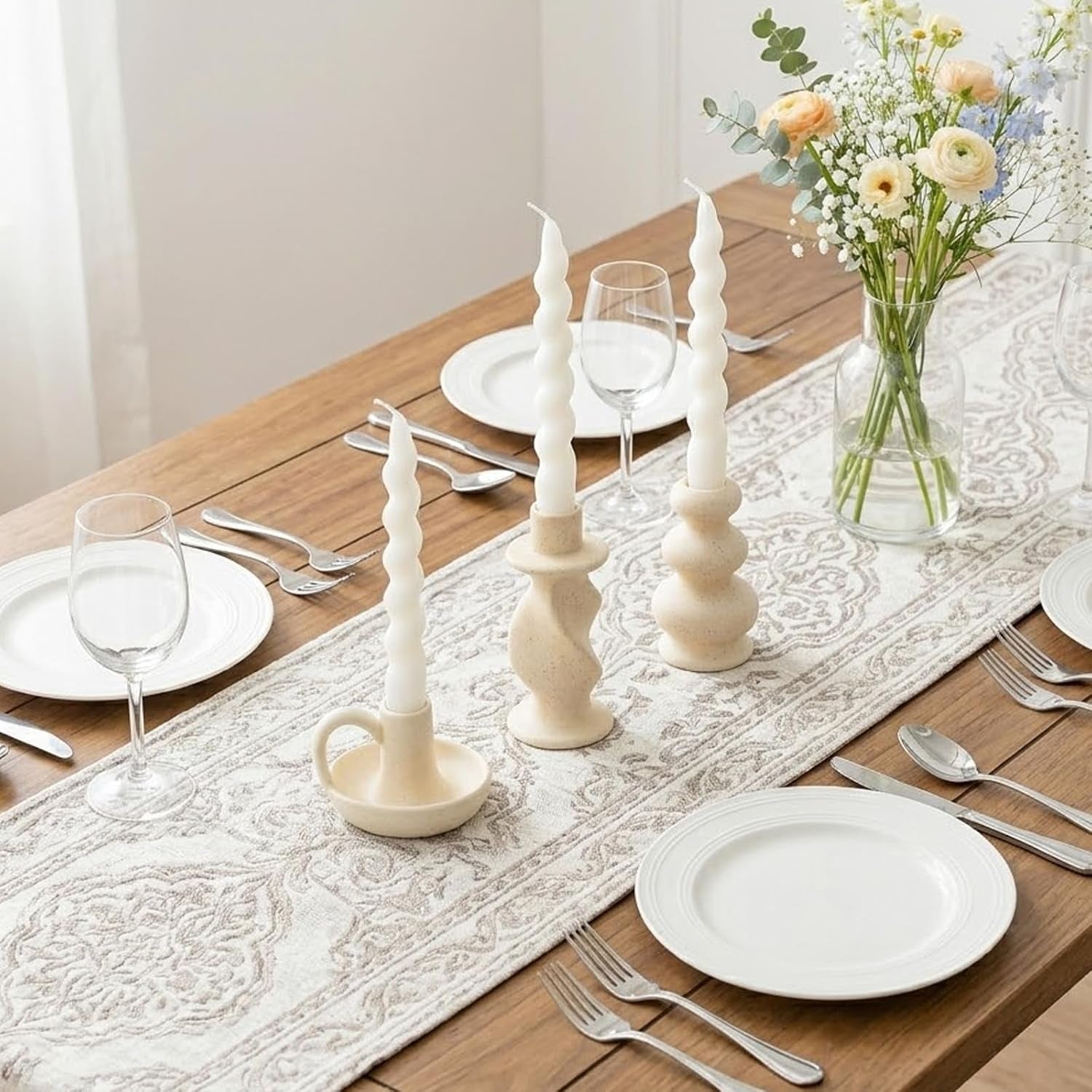 Ceramic Taper Candle Holders, Nordic Candlestick Holder Set of 3 | Cream White Modern Decorative Candle Stand for Home Decor, Dining Table Centerpiece, Housewarming Gift
