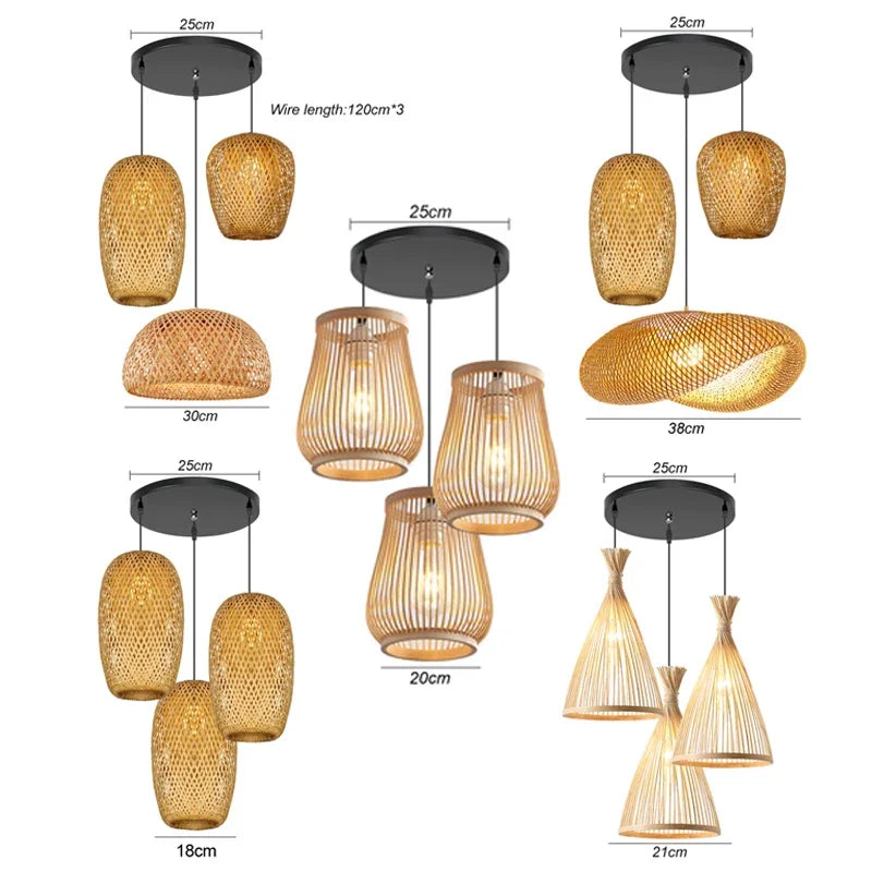 3 Pcs Lustre Rattan Wicker Lamp Shade Pendant Light Bamboo Ceiling Chandelier Set Suspended Luminaire Handmade Home Room Decor
