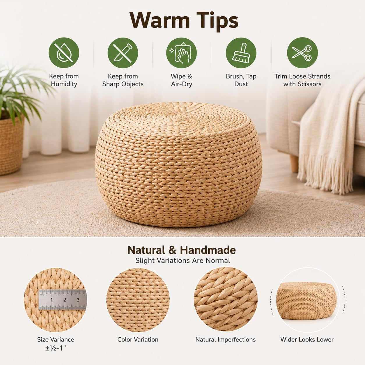 Small Straw Pouf Ottoman, Low Natural Footrest, Dia: 12.2" | Natural, Eco-Friendly, Lightweight, Anti-Slip, Breathable, Boho Tatami Footstool for Living Room Bedroom Patio