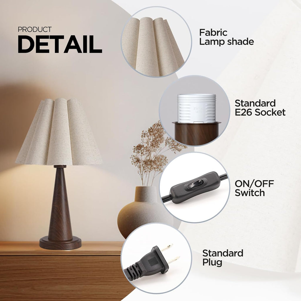 Modern Table Lamp with Petal Linen Lampshade, Dark Faux Wood Metal Base – 20.5” Bedside Nightstand Lamp for Bedroom, Living Room, Office, E26 Base, Max 60W (Bulb Not Included)
