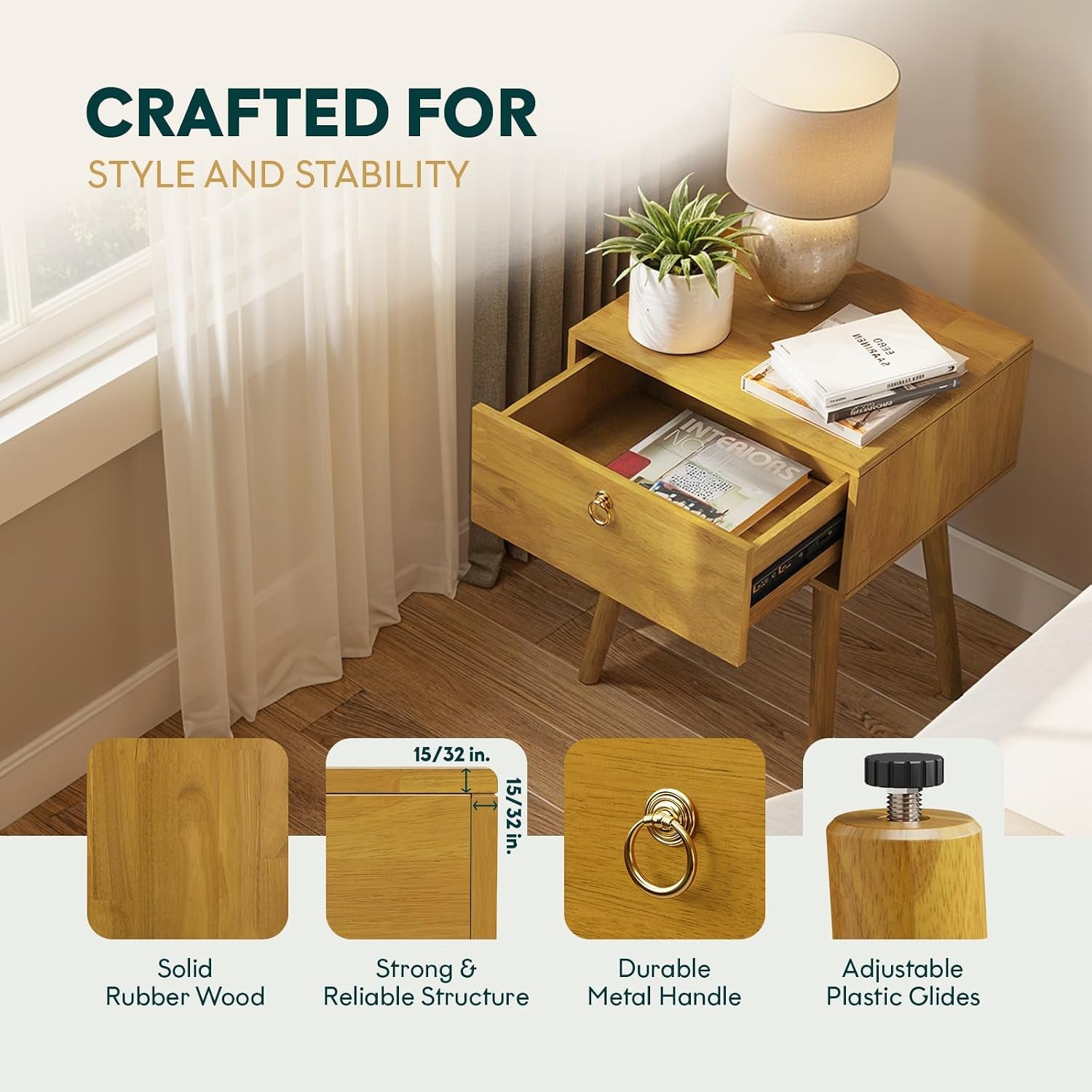Golden natural wood nightstand with drawer