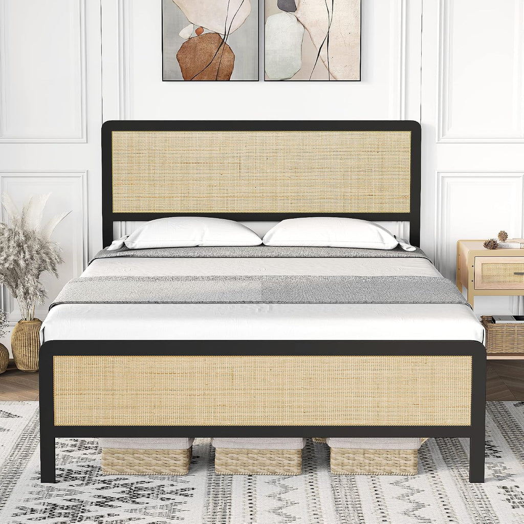 Boho Rattan Queen Size Bed Frame with Headboard & Footboard, Sturdy Black Metal Platform Bed, Natural Rattan Headboard, Under-Bed Storage, No Box Spring Needed, Noise-Free Slat