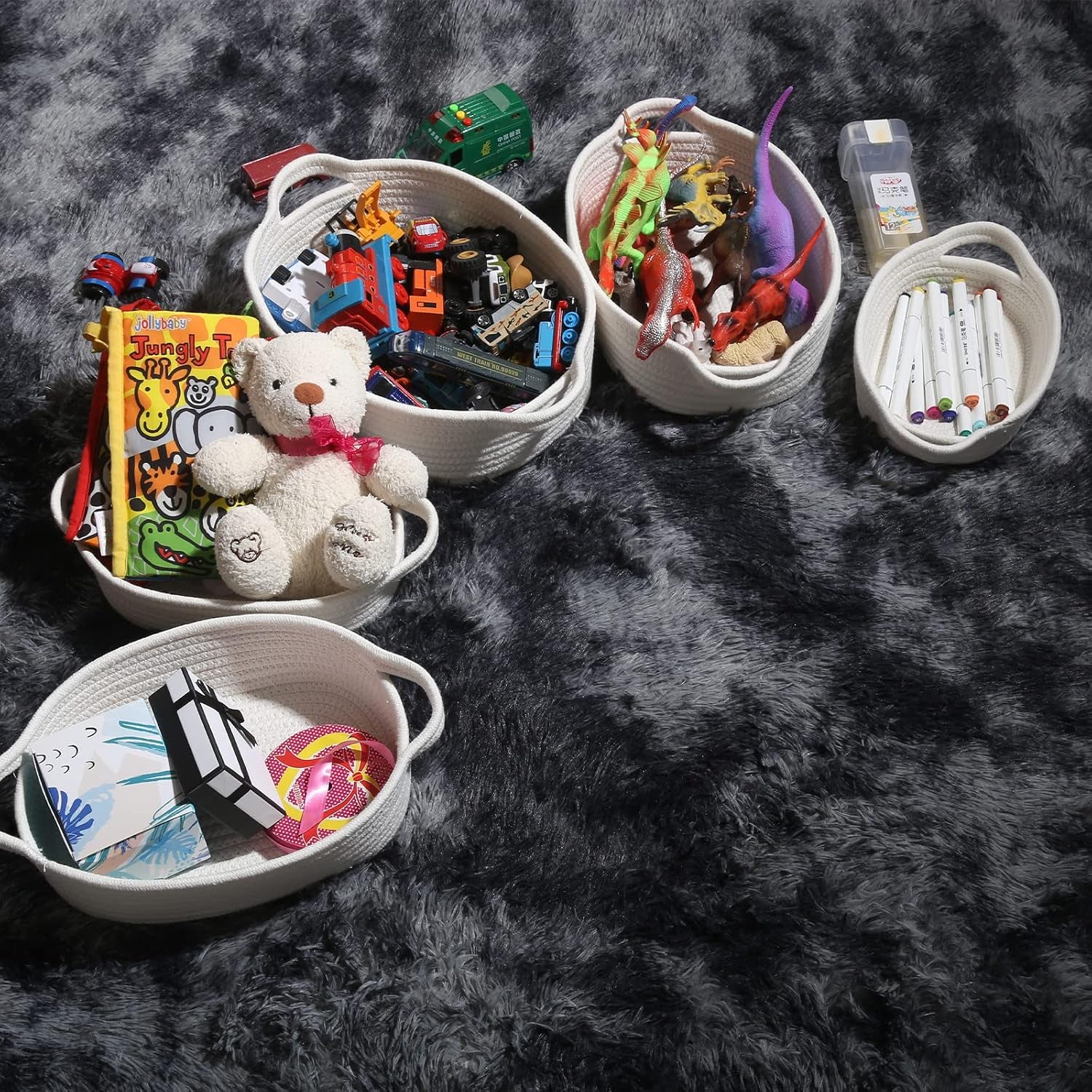 Set of 5 Rectangular Cotton Rope Baskets for Storage, Organizing, Decorating, off White
