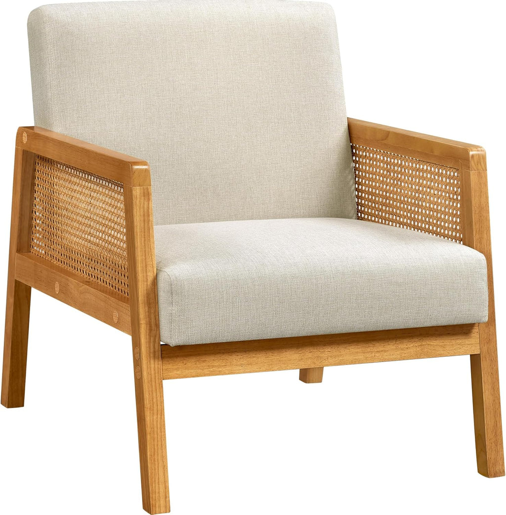 Yaheetech Rattan Accent Chair, Boho Vintage Armchair, Beige | Boucle Fabric Chair, Upholstered Reading Chair with Wood Armrest and Legs for Living Room Bedroom Reception Waiting Room