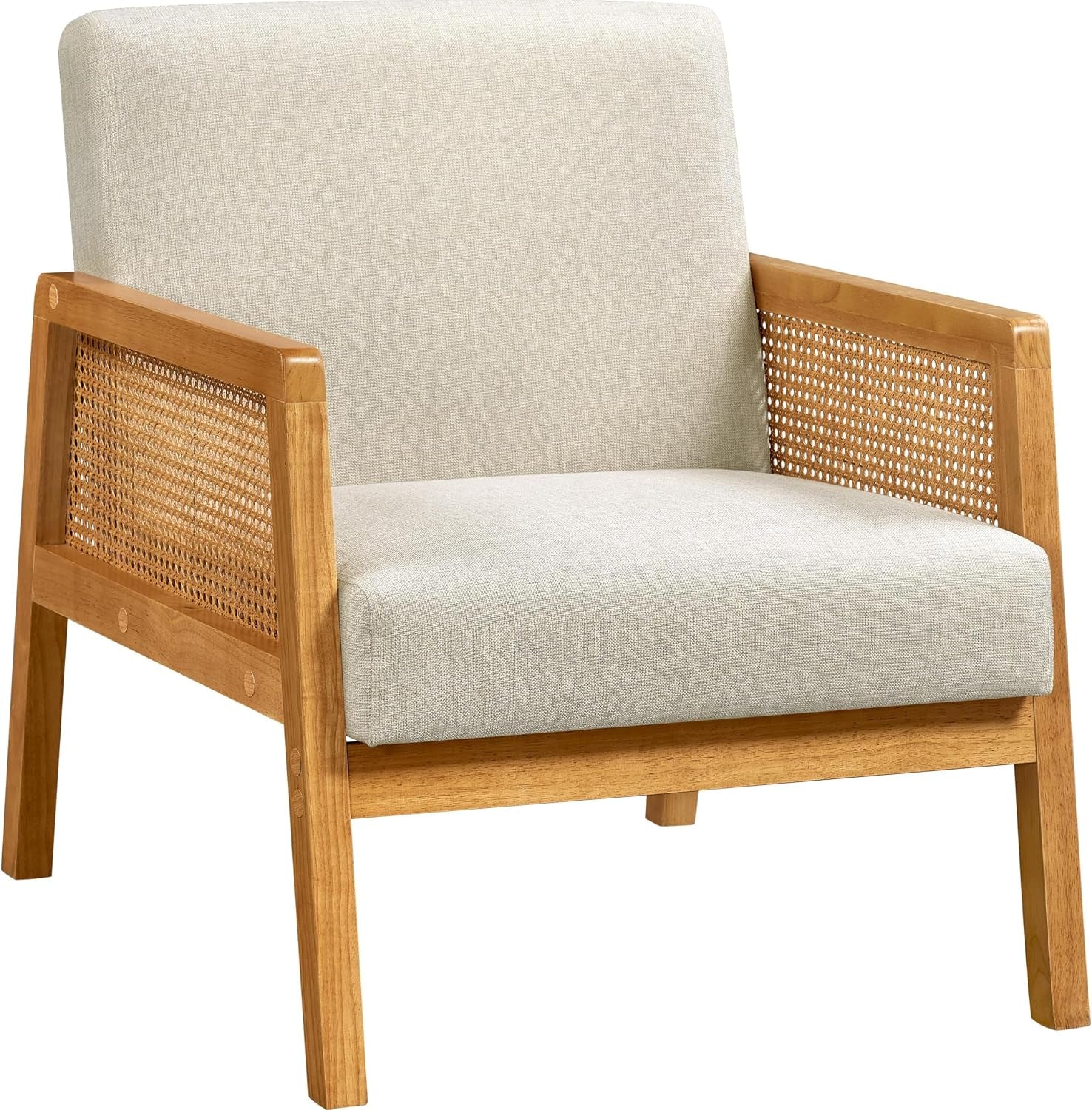 Yaheetech Rattan Accent Chair, Boho Vintage Armchair, Beige | Boucle Fabric Chair, Upholstered Reading Chair with Wood Armrest and Legs for Living Room Bedroom Reception Waiting Room